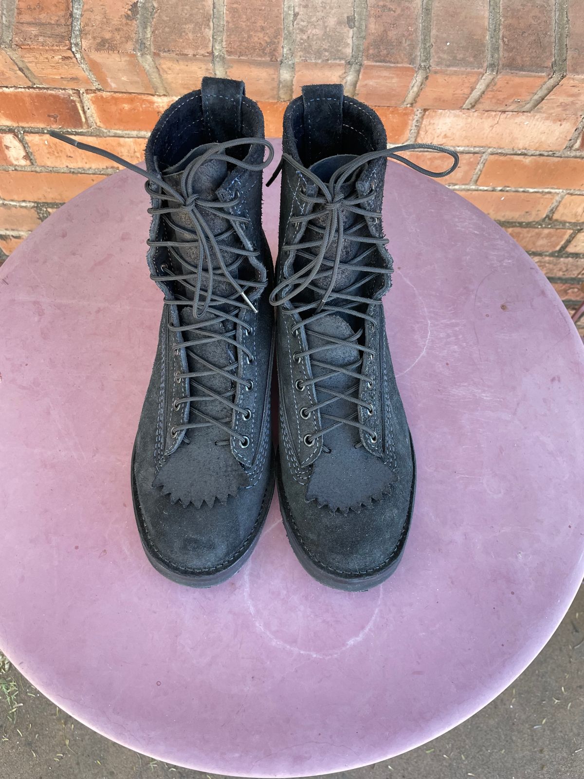 Photo by shakincheese on November 2, 2025 of the Wesco /x The Shop Black DH Service Boot in Seidel Black Oil Tan Roughout.