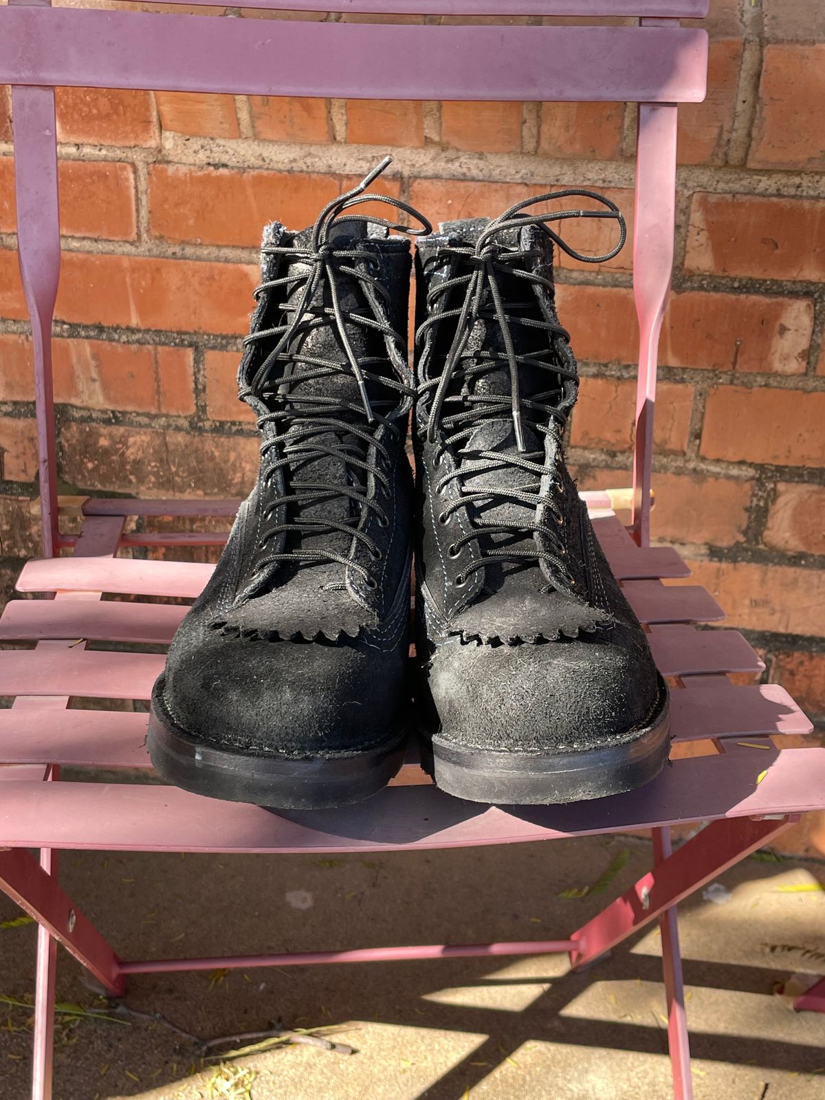 Photo by shakincheese on February 1, 2026 of the Wesco /x The Shop Black DH Service Boot in Seidel Black Oil Tan Roughout.