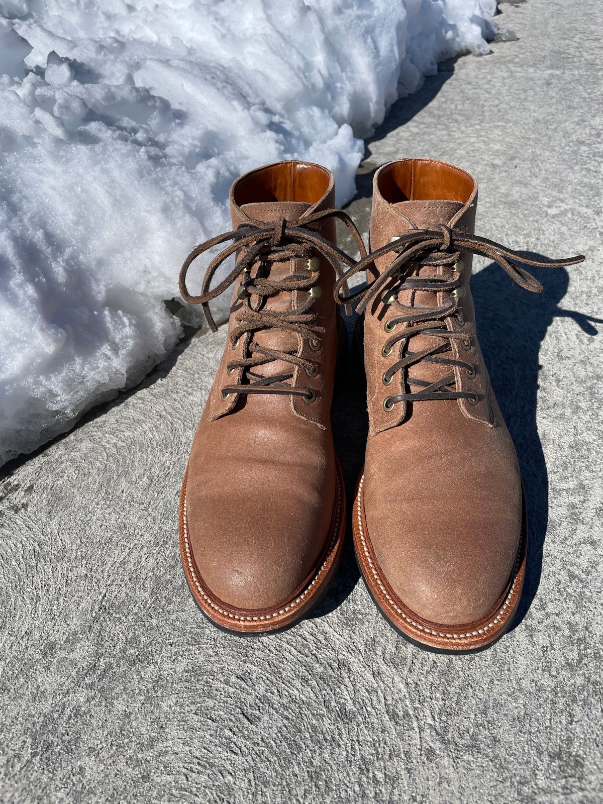 Photo by couchpotato on February 4, 2024 of the Grant Stone Diesel Boot in C.F. Stead Natural Waxy Commander Suede.
