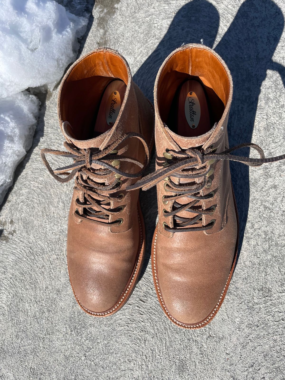 Photo by couchpotato on February 4, 2024 of the Grant Stone Diesel Boot in C.F. Stead Natural Waxy Commander Suede.