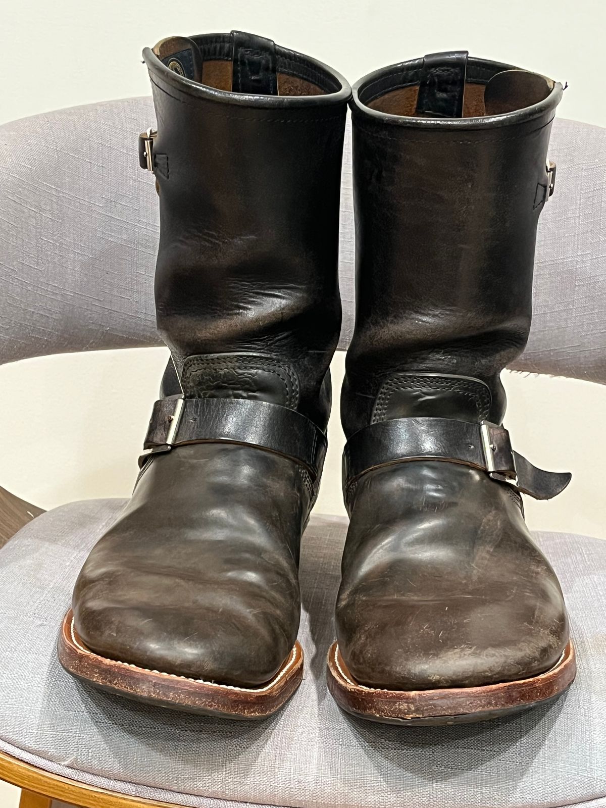 Photo by rickdawg on November 5, 2025 of the John Lofgren Wabash Engineer Boots in Maryam Salvia Rovescio Sego & Shinki Black Teacore Horsebutt.