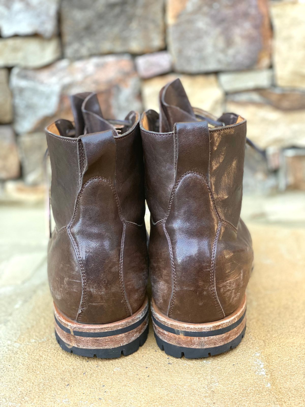 Photo by nathanjcreel on March 5, 2023 of the Viberg Country Boot in Maryam Brown Washed Horse.