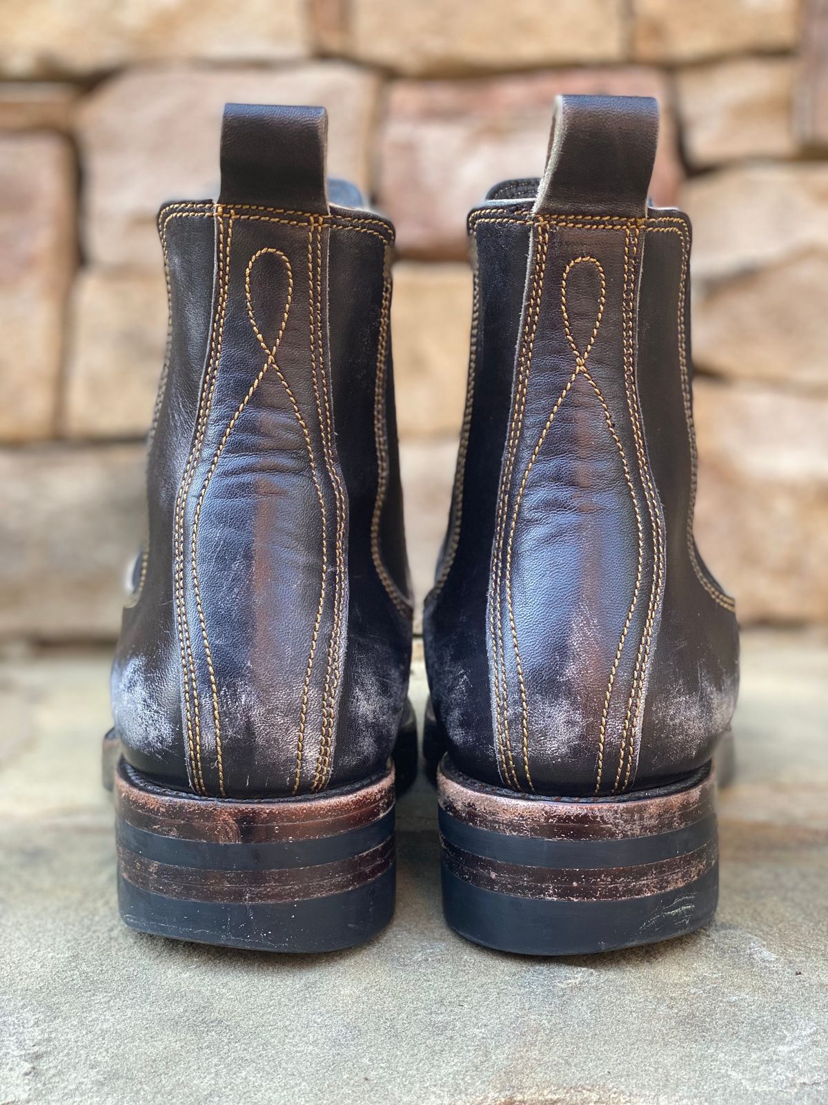 Photo by nathanjcreel on April 3, 2025 of the Fortis Boots Wholecut Chelsea in Maryam Horsebutt Grigio Light Natural Overdyed Black.