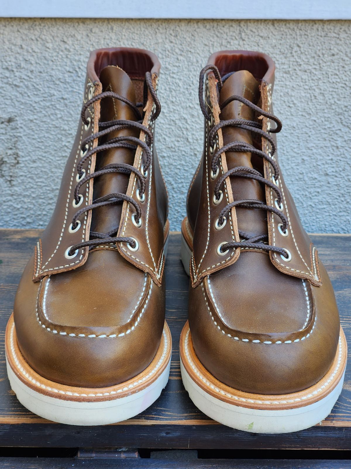 Photo by denimhound on October 4, 2022 of the John Lofgren Moc Toe Boots in Horween Olive Chromexcel.