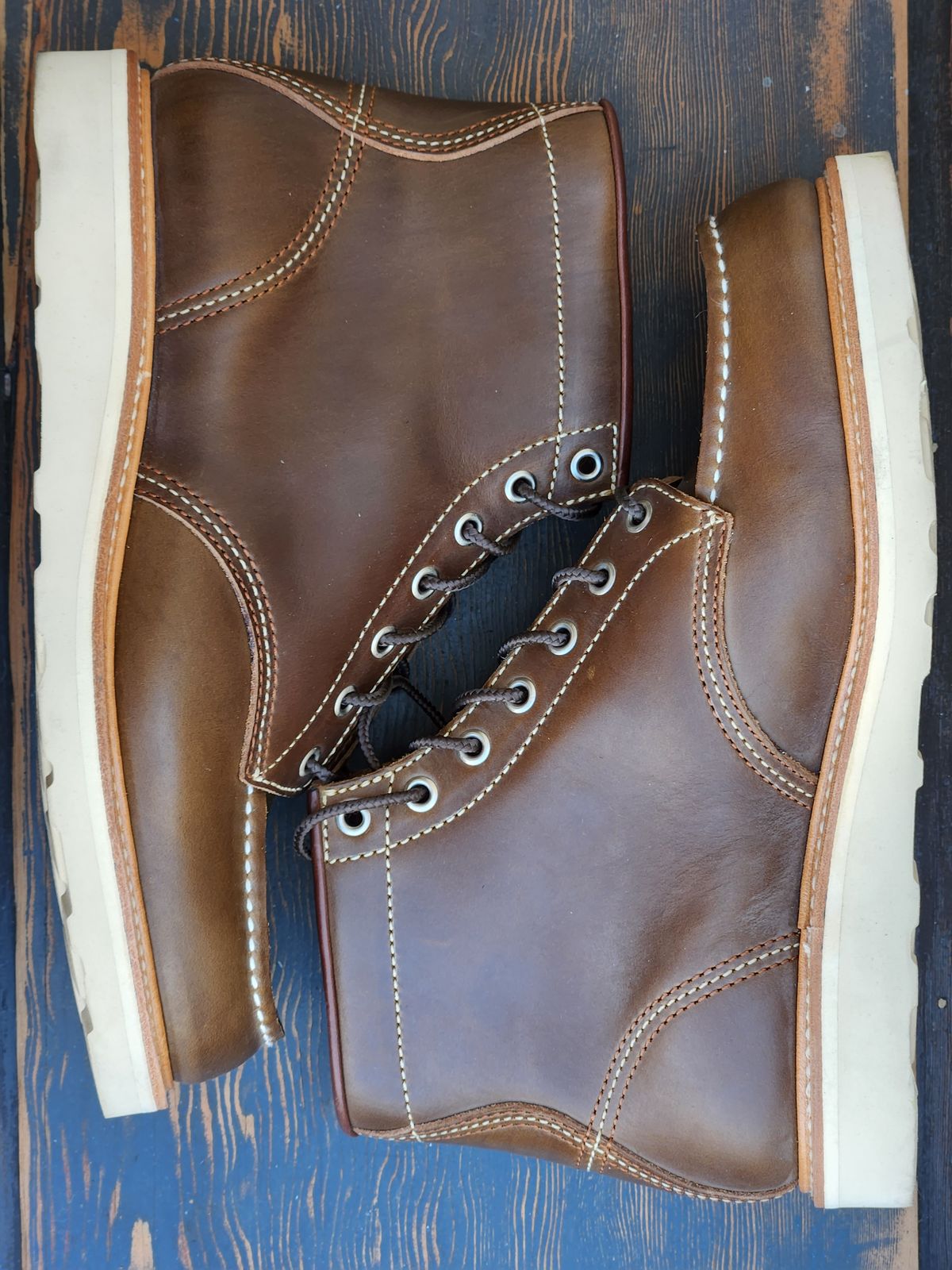 Photo by denimhound on October 4, 2022 of the John Lofgren Moc Toe Boots in Horween Olive Chromexcel.