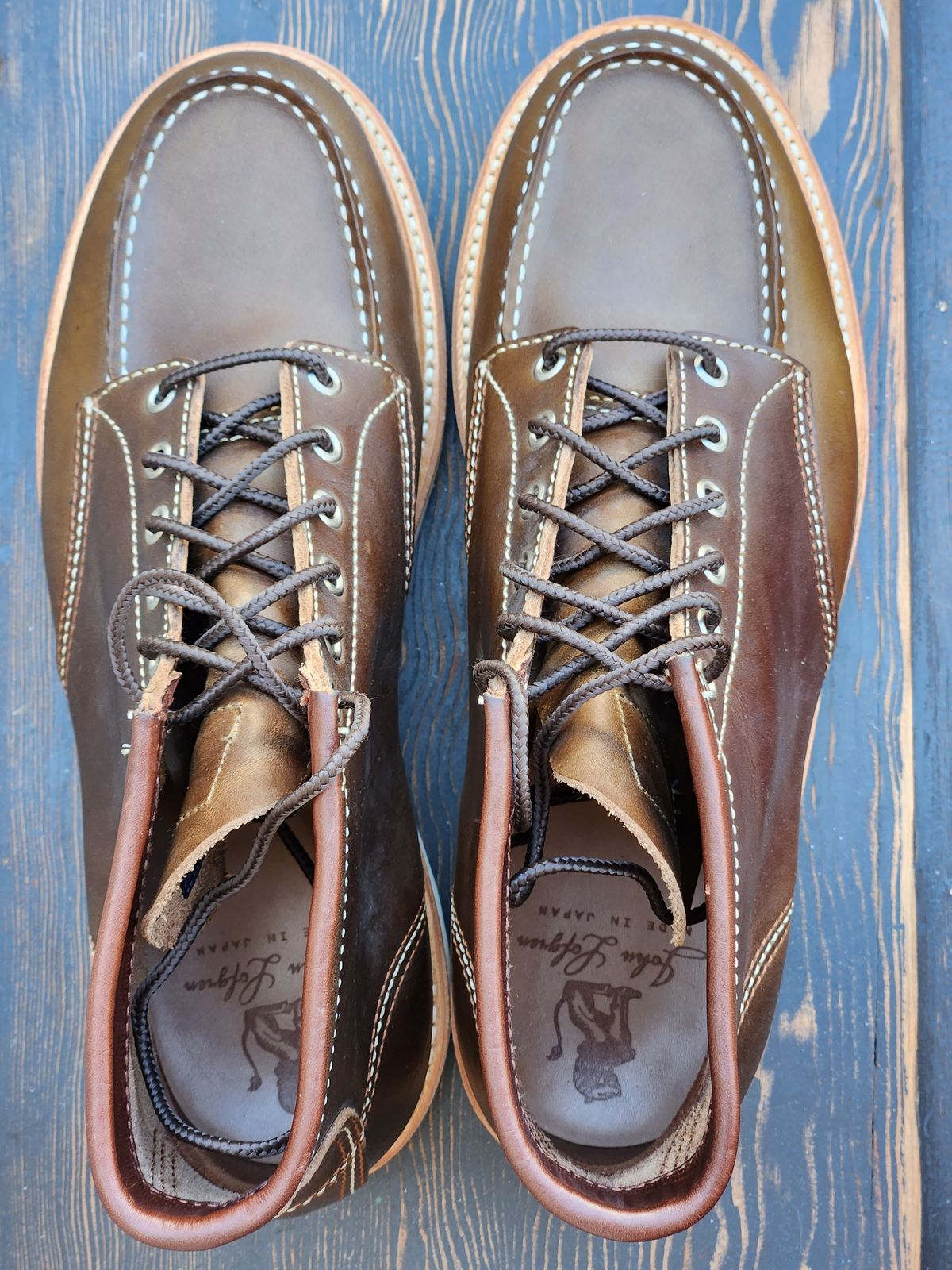 Photo by denimhound on October 4, 2022 of the John Lofgren Moc Toe Boots in Horween Olive Chromexcel.