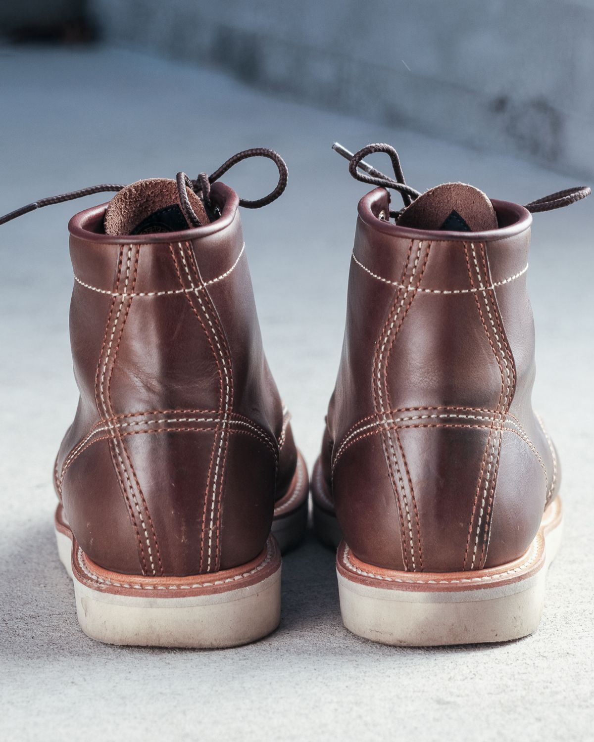Photo by denimhound on November 5, 2022 of the John Lofgren Moc Toe Boots in Horween Olive Chromexcel.