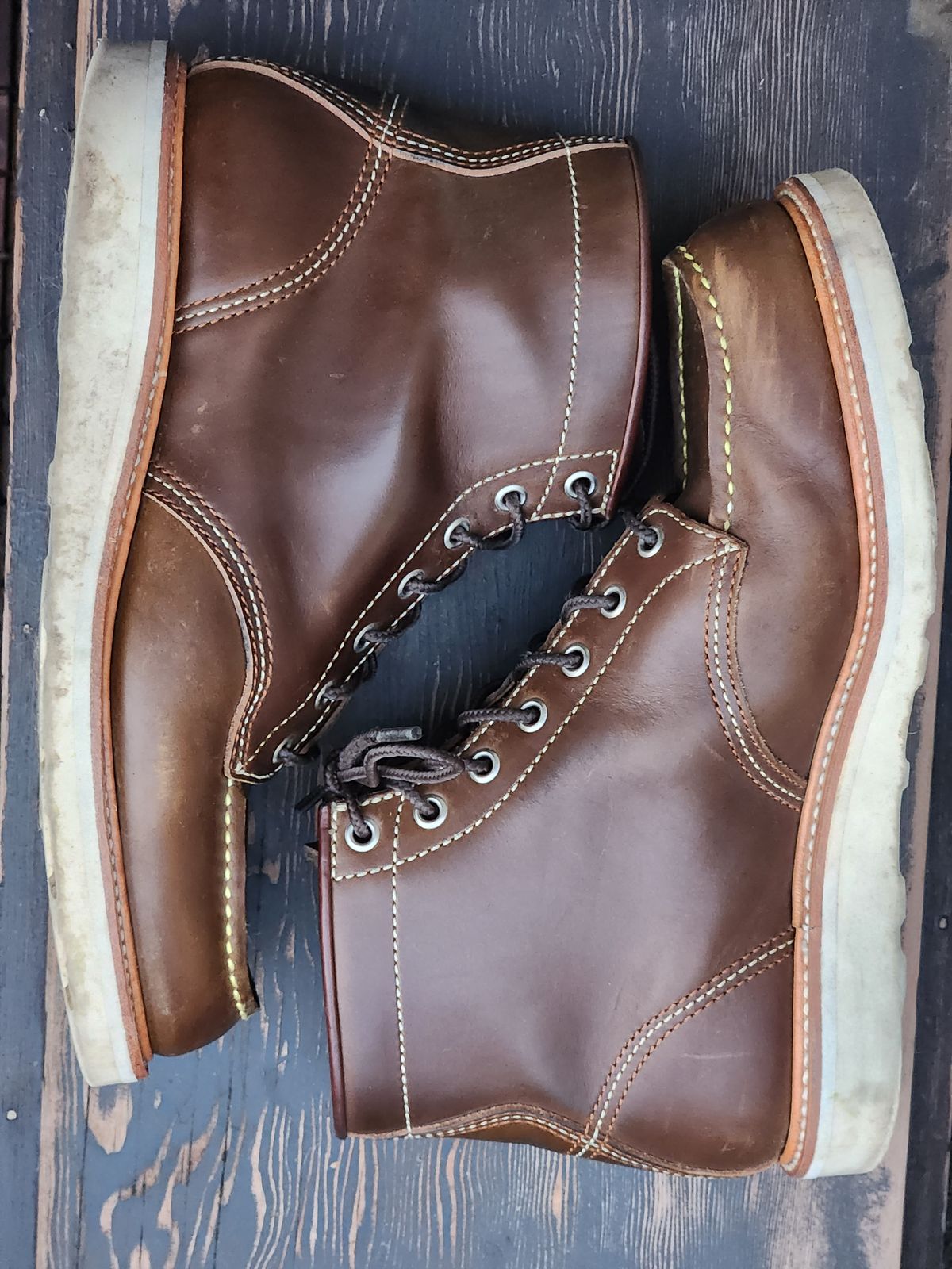 Photo by denimhound on December 6, 2022 of the John Lofgren Moc Toe Boots in Horween Olive Chromexcel.
