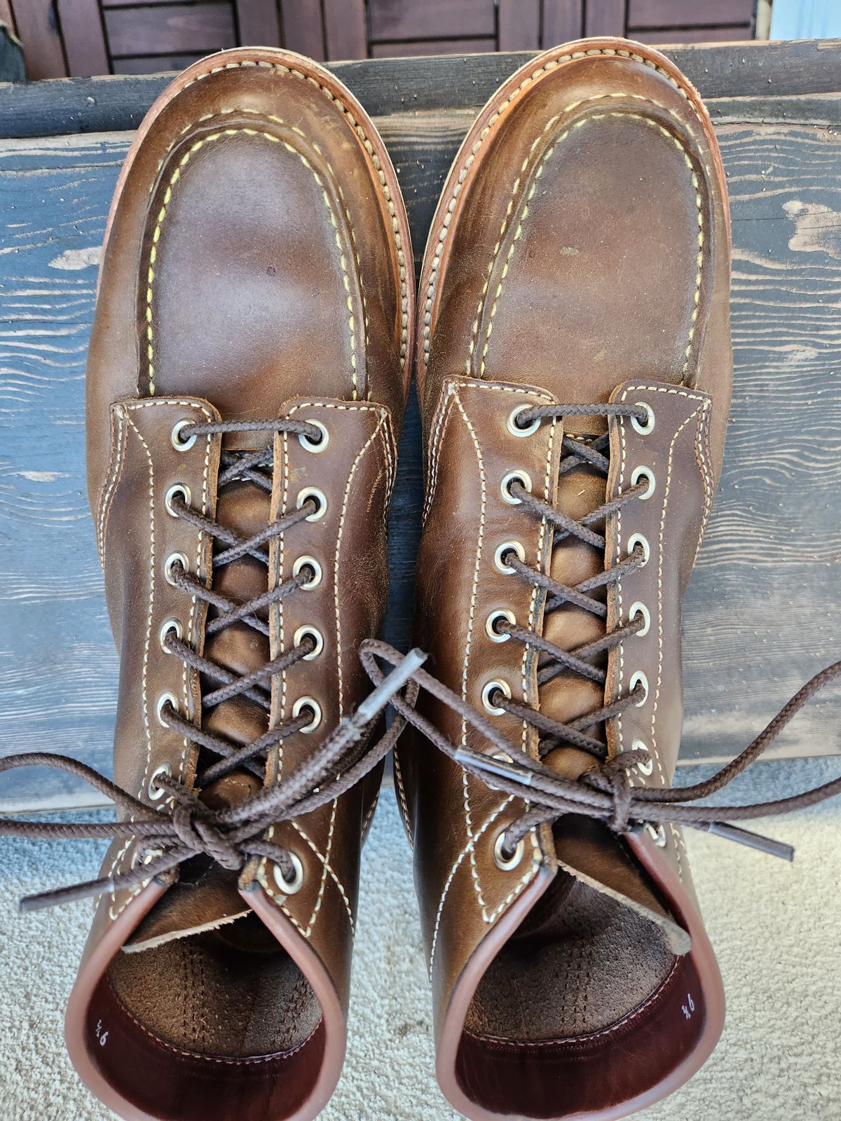Photo by denimhound on February 5, 2023 of the John Lofgren Moc Toe Boots in Horween Olive Chromexcel.