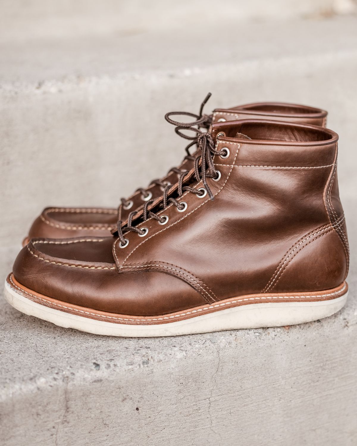 Photo by denimhound on April 5, 2023 of the John Lofgren Moc Toe Boots in Horween Olive Chromexcel.