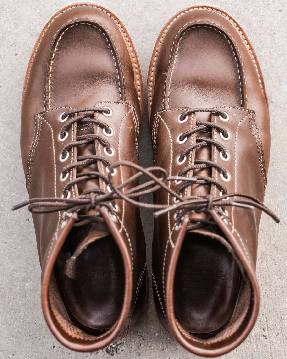 Photo by denimhound on April 5, 2023 of the John Lofgren Moc Toe Boots in Horween Olive Chromexcel.