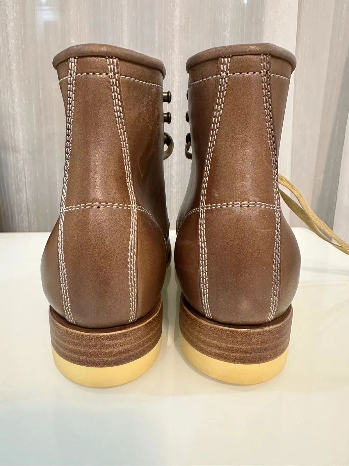 Photo by johnlovesboots on October 1, 2023 of the Flame Panda Moc Toe in Shinki Tan Latigo Horsehide.