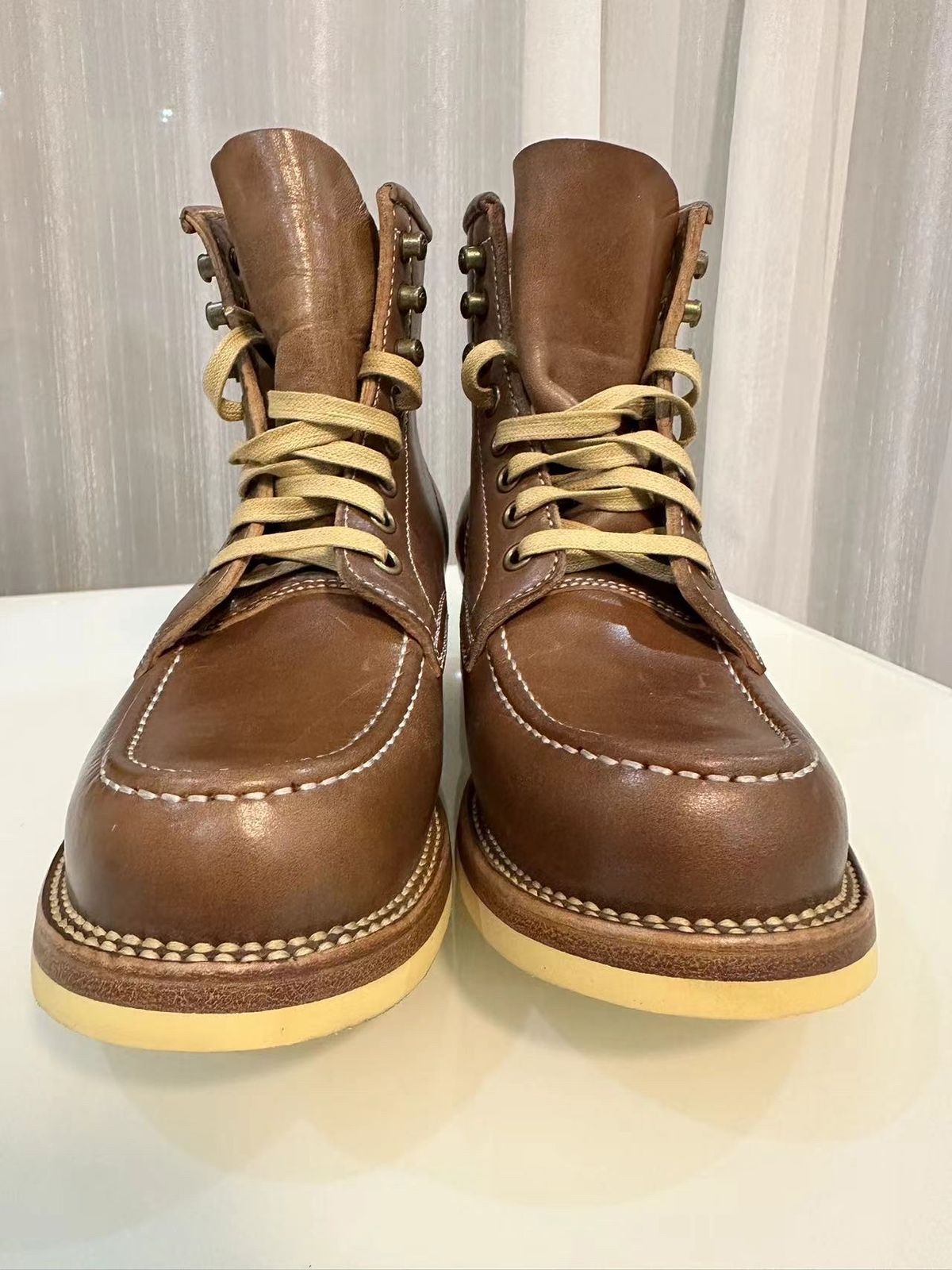 Photo by johnlovesboots on October 1, 2023 of the Flame Panda Moc Toe in Shinki Tan Latigo Horsehide.