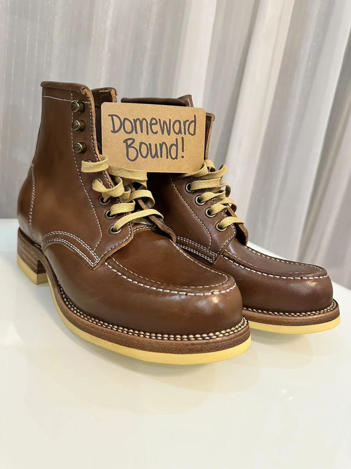 Photo by johnlovesboots on October 1, 2023 of the Flame Panda Moc Toe in Shinki Tan Latigo Horsehide.
