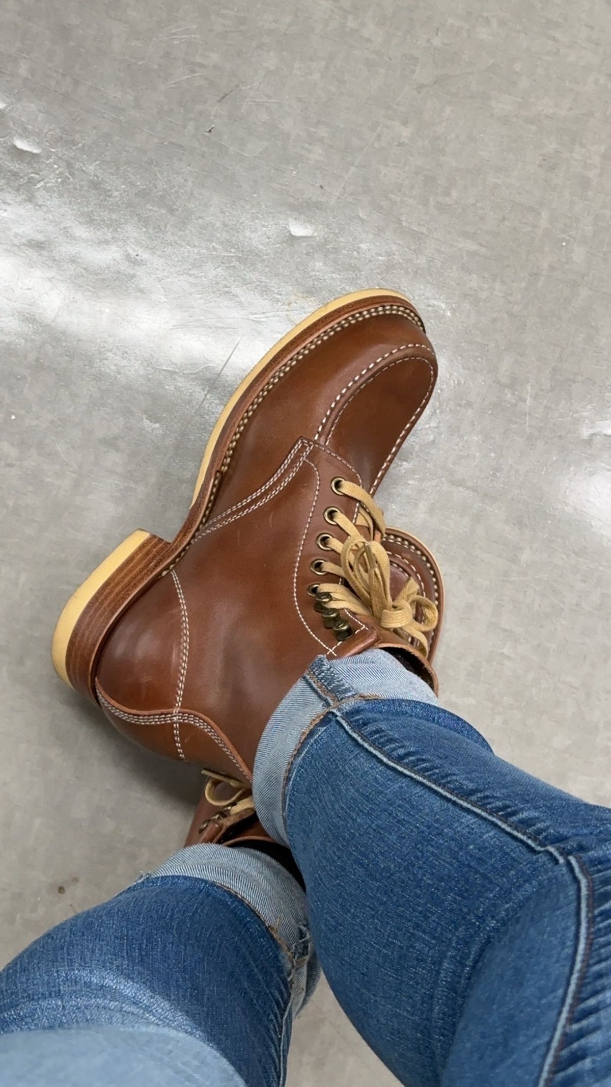Photo by johnlovesboots on October 10, 2023 of the Flame Panda Moc Toe in Shinki Tan Latigo Horsehide.