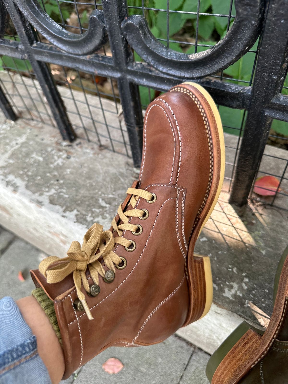 Photo by johnlovesboots on October 15, 2023 of the Flame Panda Moc Toe in Shinki Tan Latigo Horsehide.