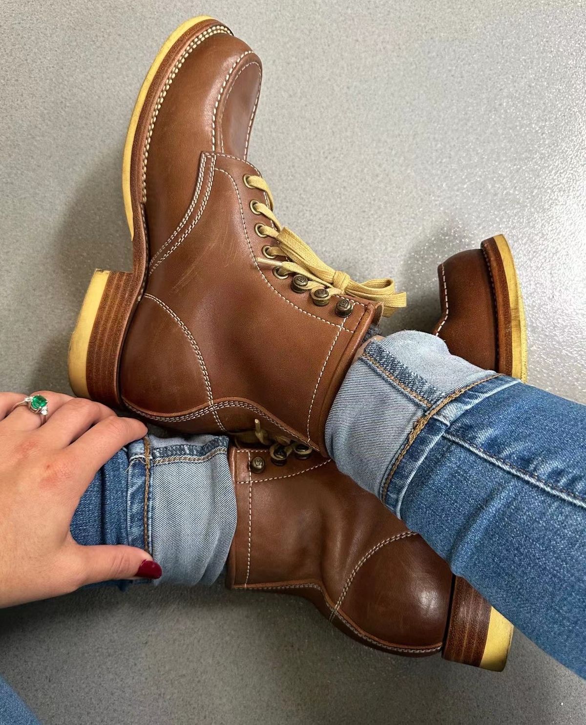 Photo by johnlovesboots on November 2, 2023 of the Flame Panda Moc Toe in Shinki Tan Latigo Horsehide.