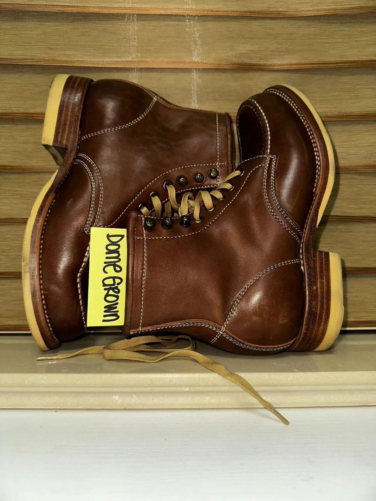 Photo by johnlovesboots on November 2, 2023 of the Flame Panda Moc Toe in Shinki Tan Latigo Horsehide.