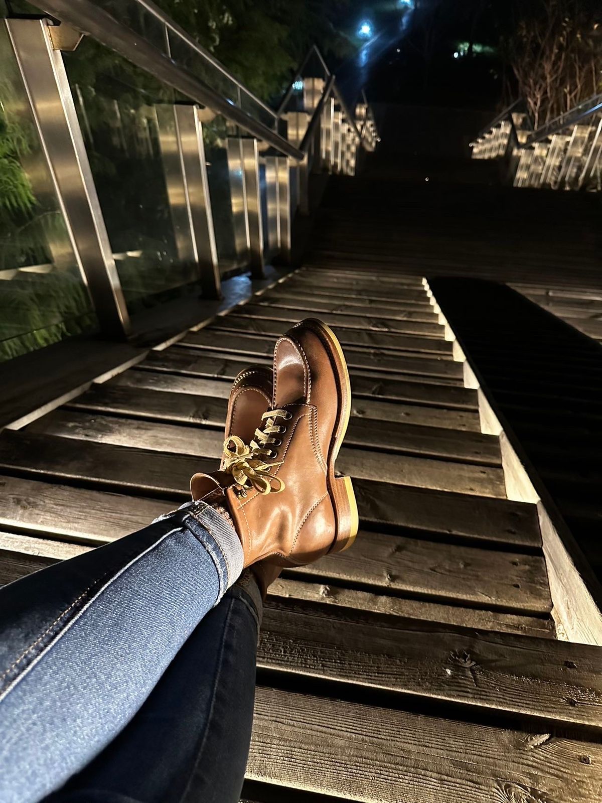 Photo by johnlovesboots on November 7, 2023 of the Flame Panda Moc Toe in Shinki Tan Latigo Horsehide.