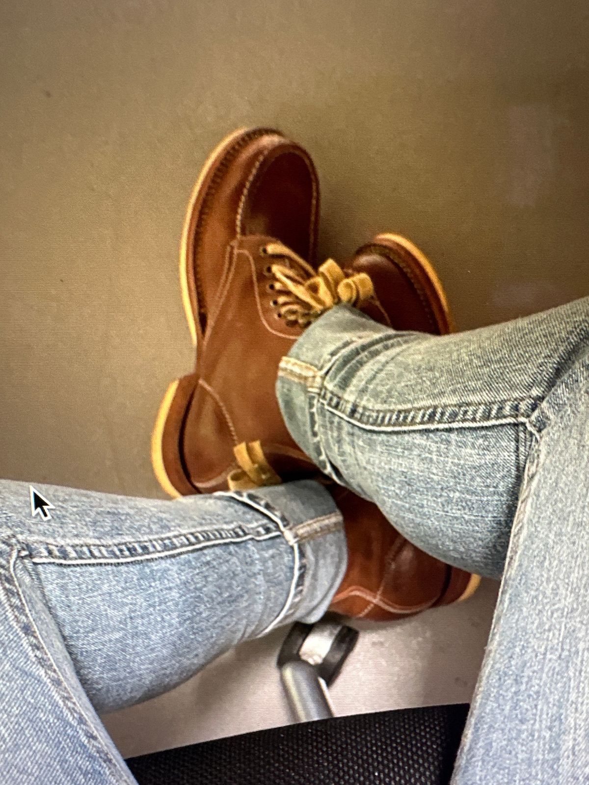 Photo by johnlovesboots on November 10, 2023 of the Flame Panda Moc Toe in Shinki Tan Latigo Horsehide.