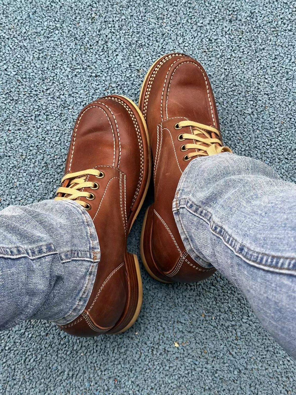 Photo by johnlovesboots on December 4, 2023 of the Flame Panda Moc Toe in Shinki Tan Latigo Horsehide.