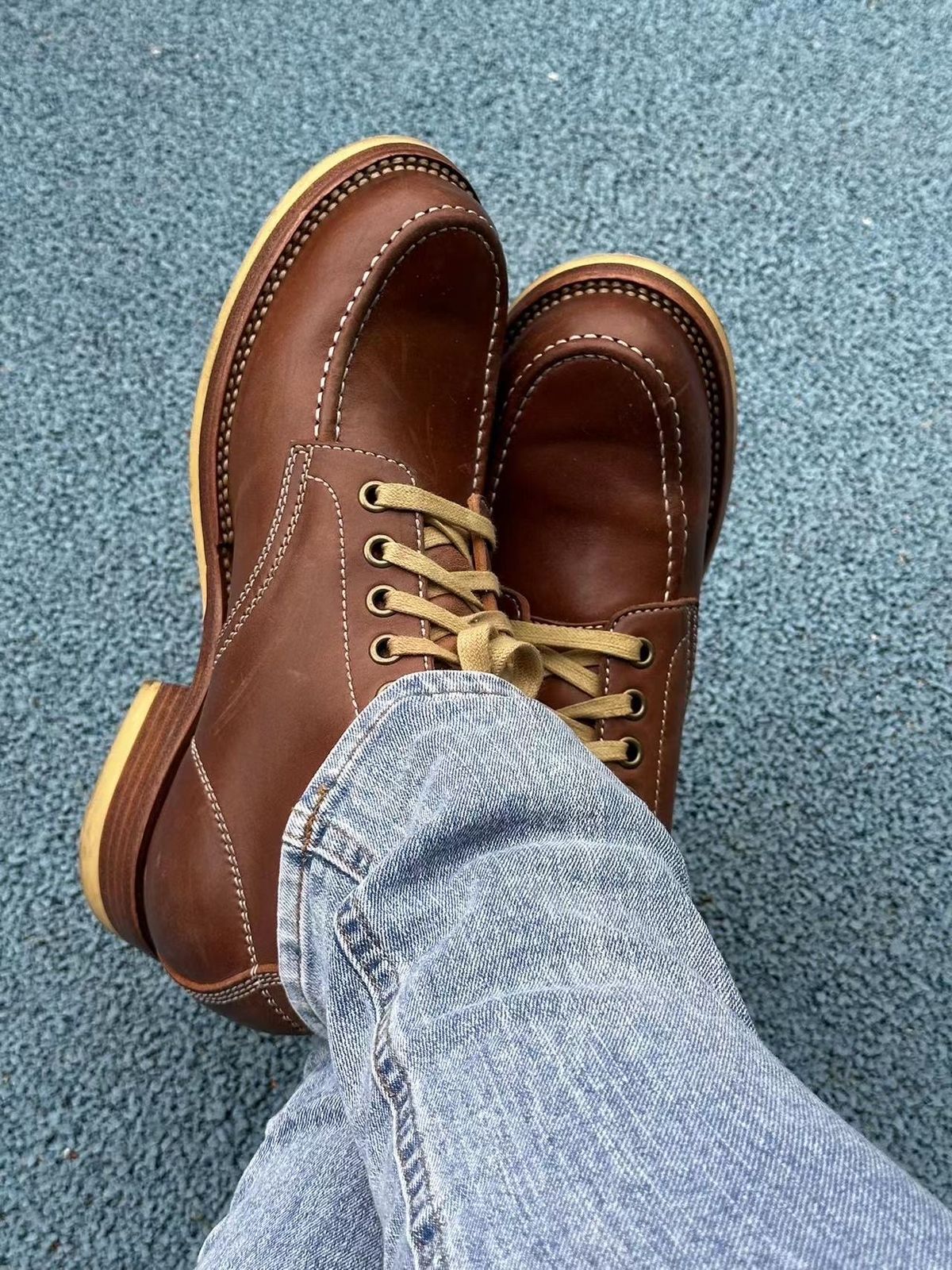 Photo by johnlovesboots on December 4, 2023 of the Flame Panda Moc Toe in Shinki Tan Latigo Horsehide.