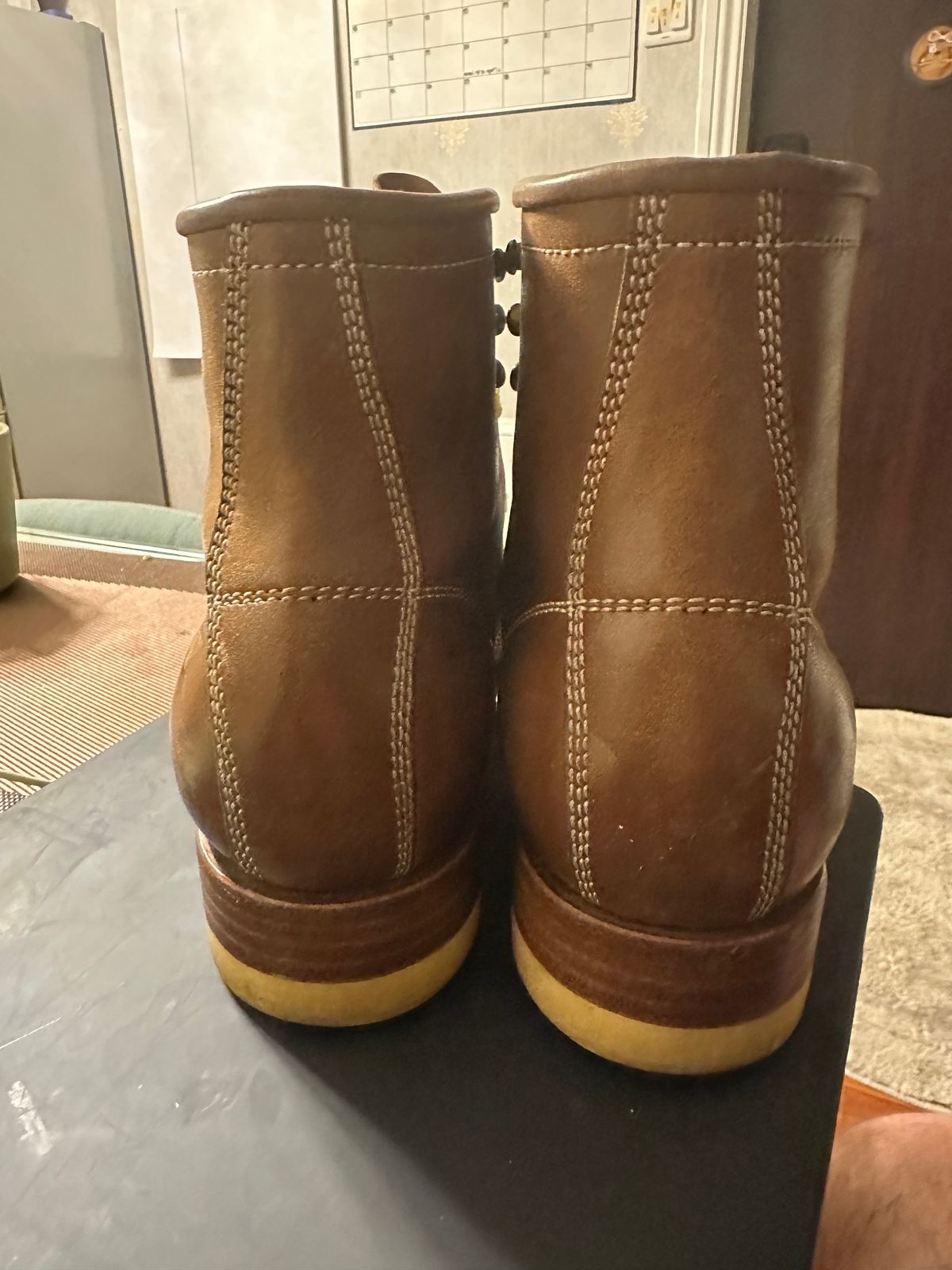 Photo by johnlovesboots on January 1, 2024 of the Flame Panda Moc Toe in Shinki Tan Latigo Horsehide.