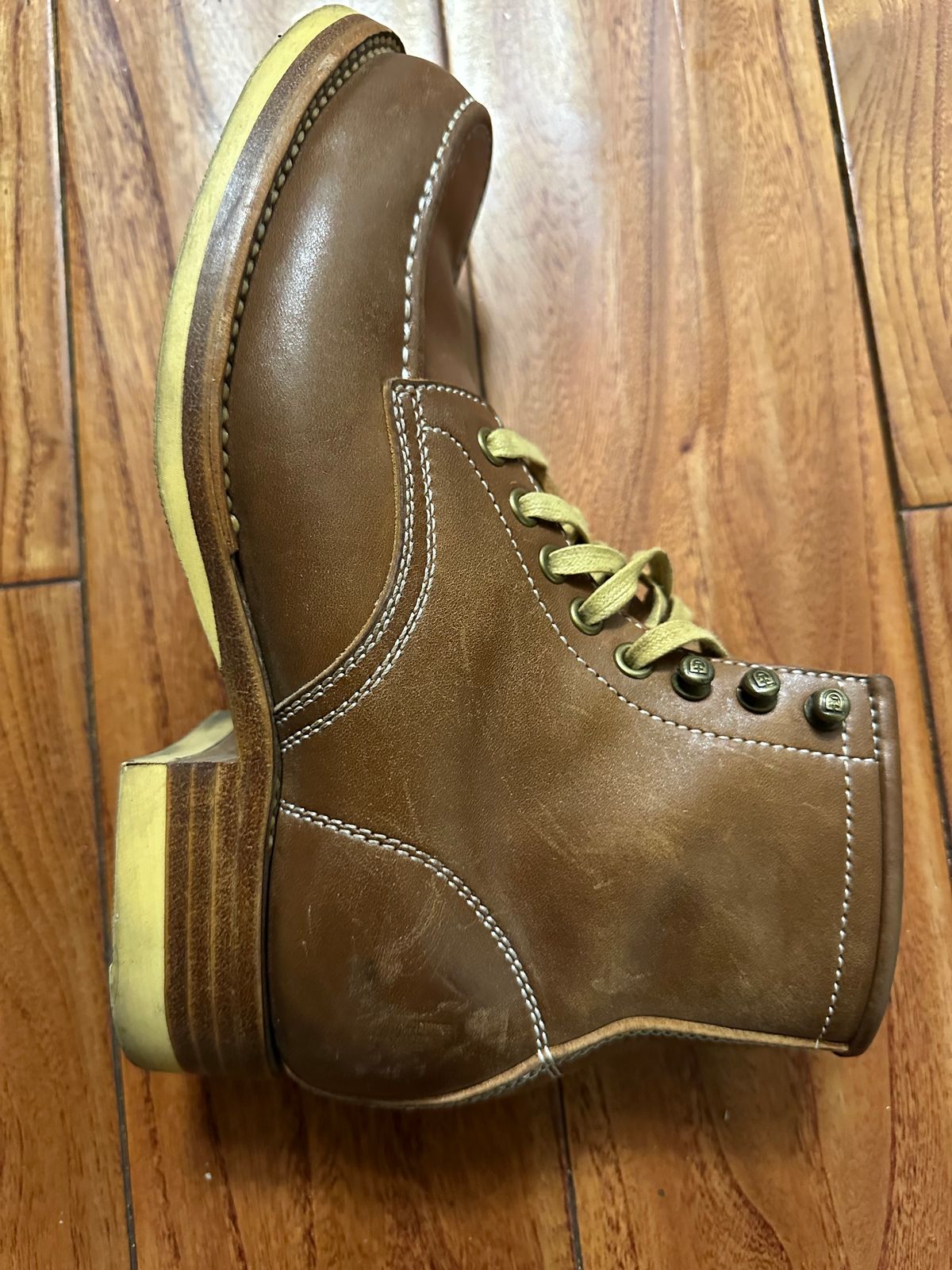 Photo by johnlovesboots on January 1, 2024 of the Flame Panda Moc Toe in Shinki Tan Latigo Horsehide.