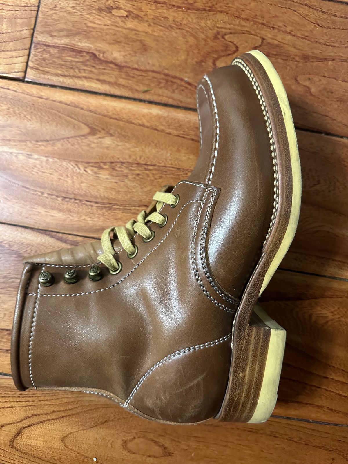 Photo by johnlovesboots on January 1, 2024 of the Flame Panda Moc Toe in Shinki Tan Latigo Horsehide.