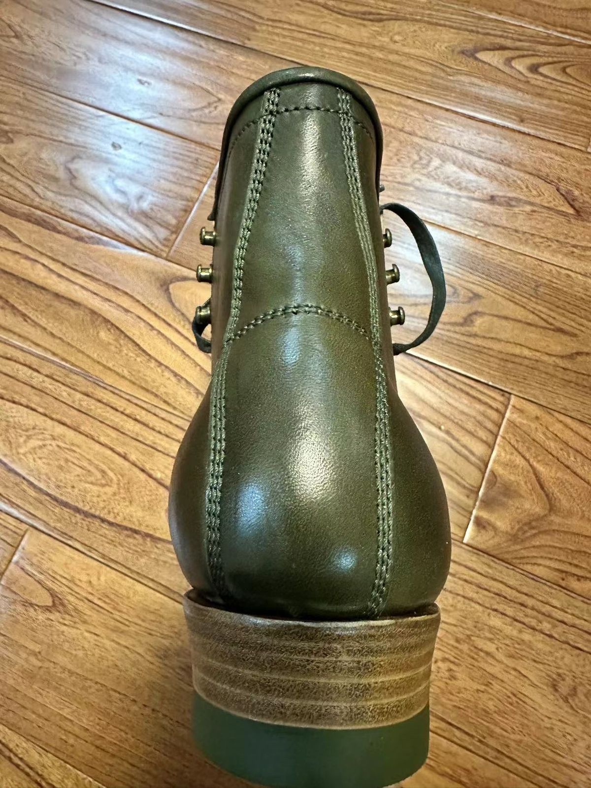 Photo by johnlovesboots on October 1, 2023 of the Flame Panda Moc Toe in Shinki Olive Oiled Horsebutt.