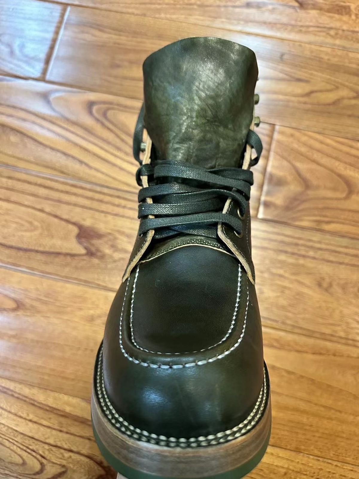 Photo by johnlovesboots on October 1, 2023 of the Flame Panda Moc Toe in Shinki Olive Oiled Horsebutt.
