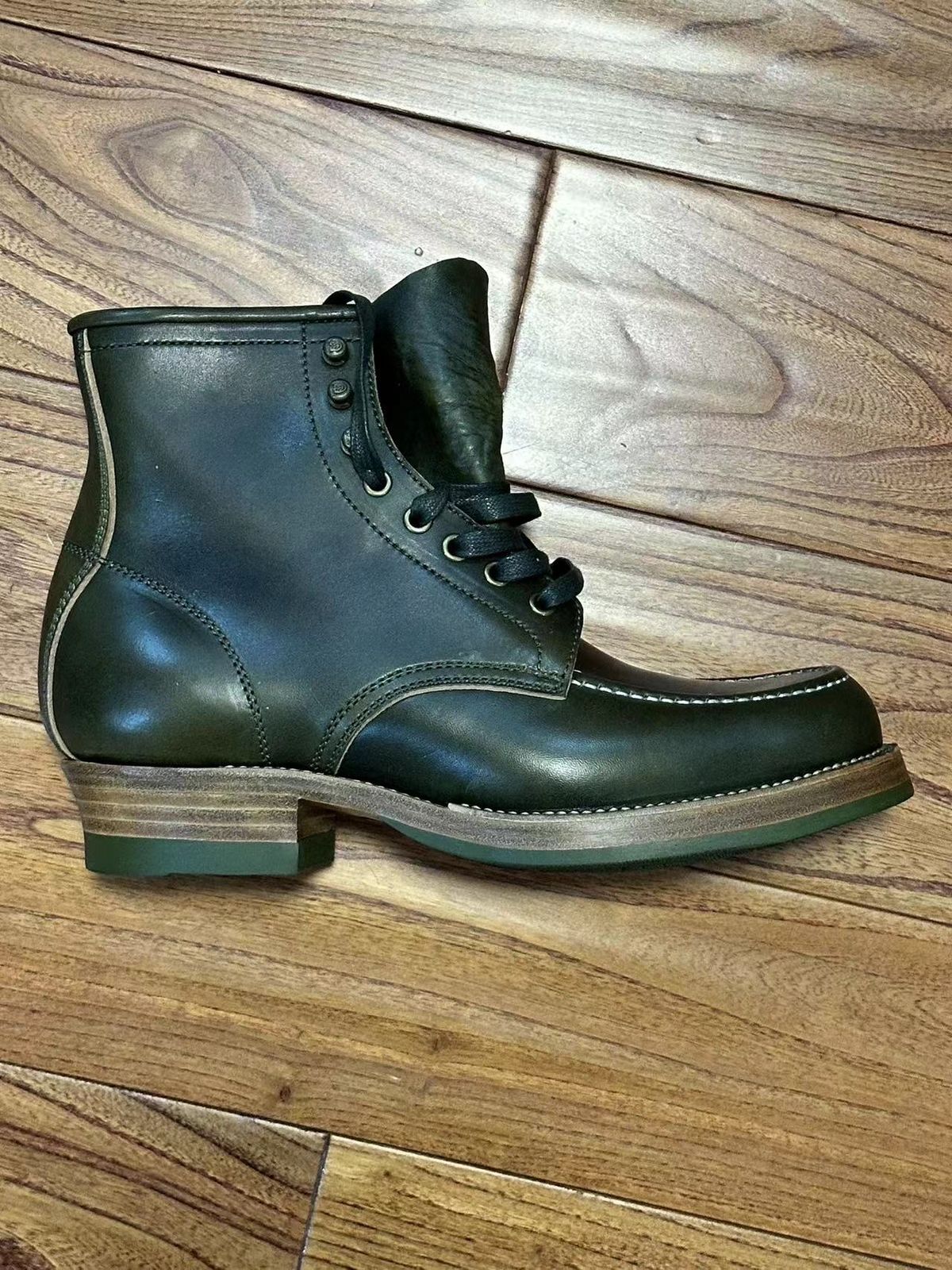 Photo by johnlovesboots on October 1, 2023 of the Flame Panda Moc Toe in Shinki Olive Oiled Horsebutt.