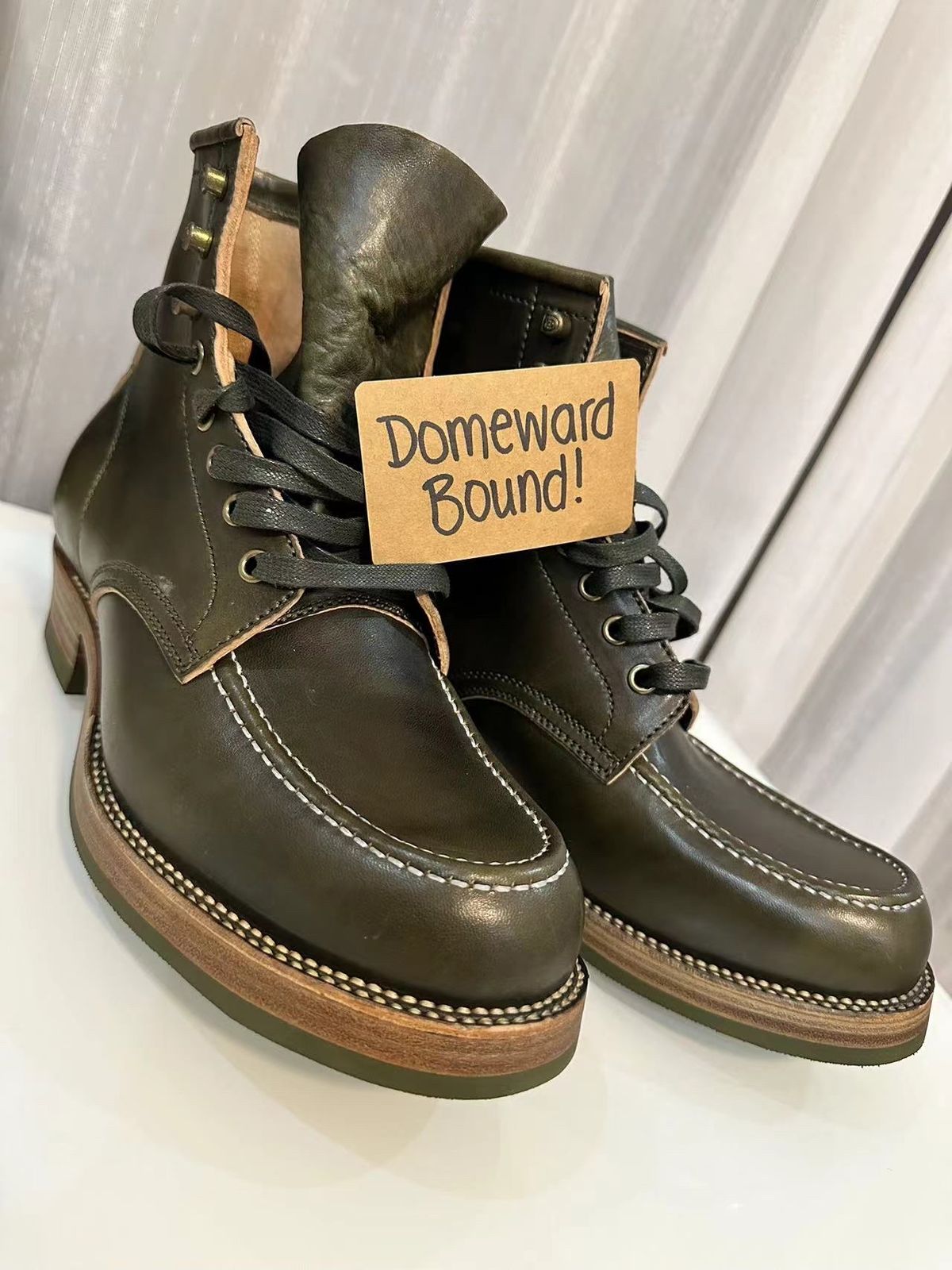 Photo by johnlovesboots on October 1, 2023 of the Flame Panda Moc Toe in Shinki Olive Oiled Horsebutt.
