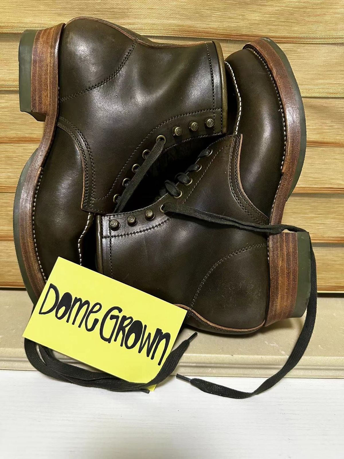 Photo by johnlovesboots on November 2, 2023 of the Flame Panda Moc Toe in Shinki Olive Oiled Horsebutt.