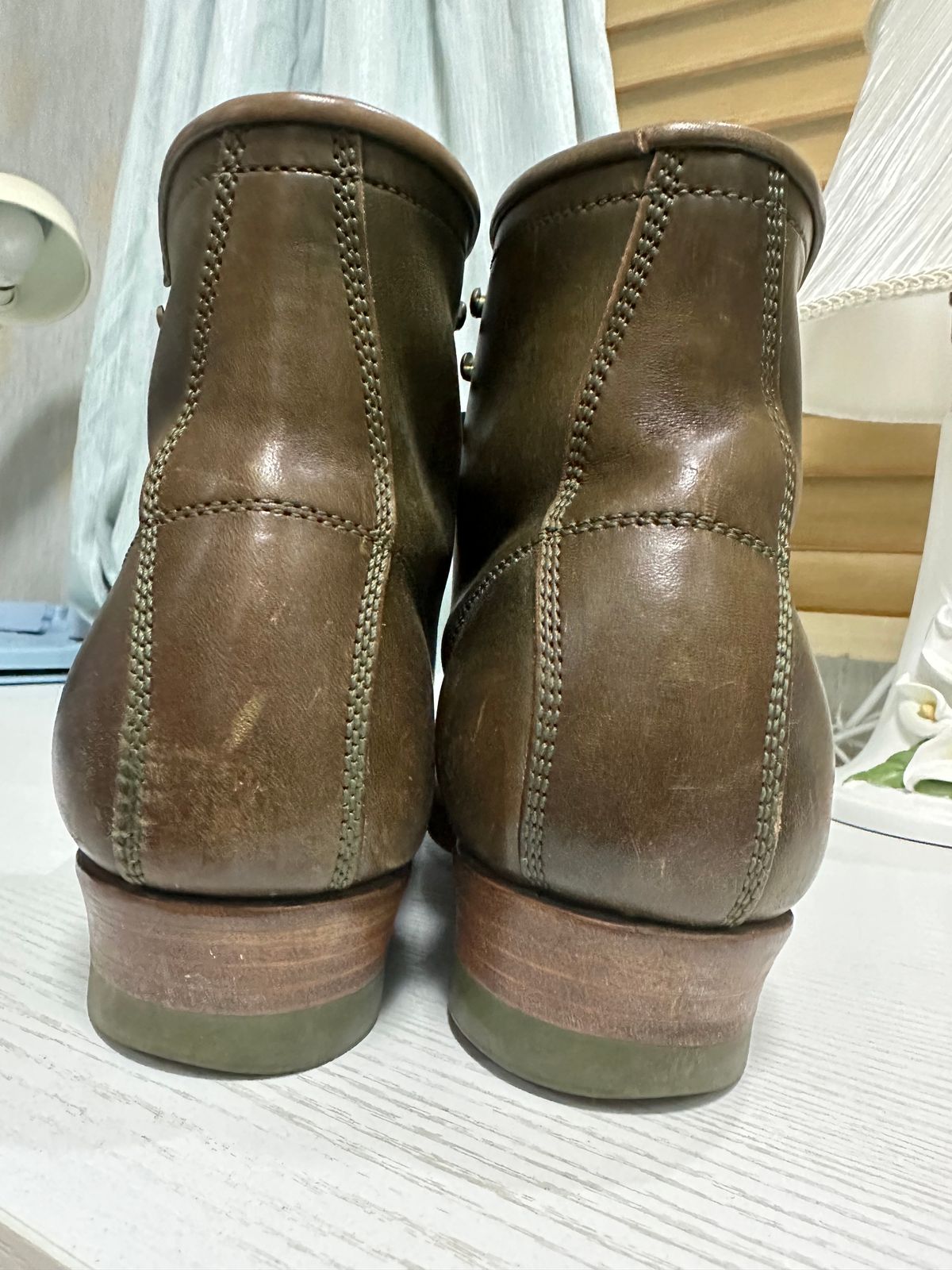 Photo by johnlovesboots on December 4, 2023 of the Flame Panda Moc Toe in Shinki Olive Oiled Horsebutt.