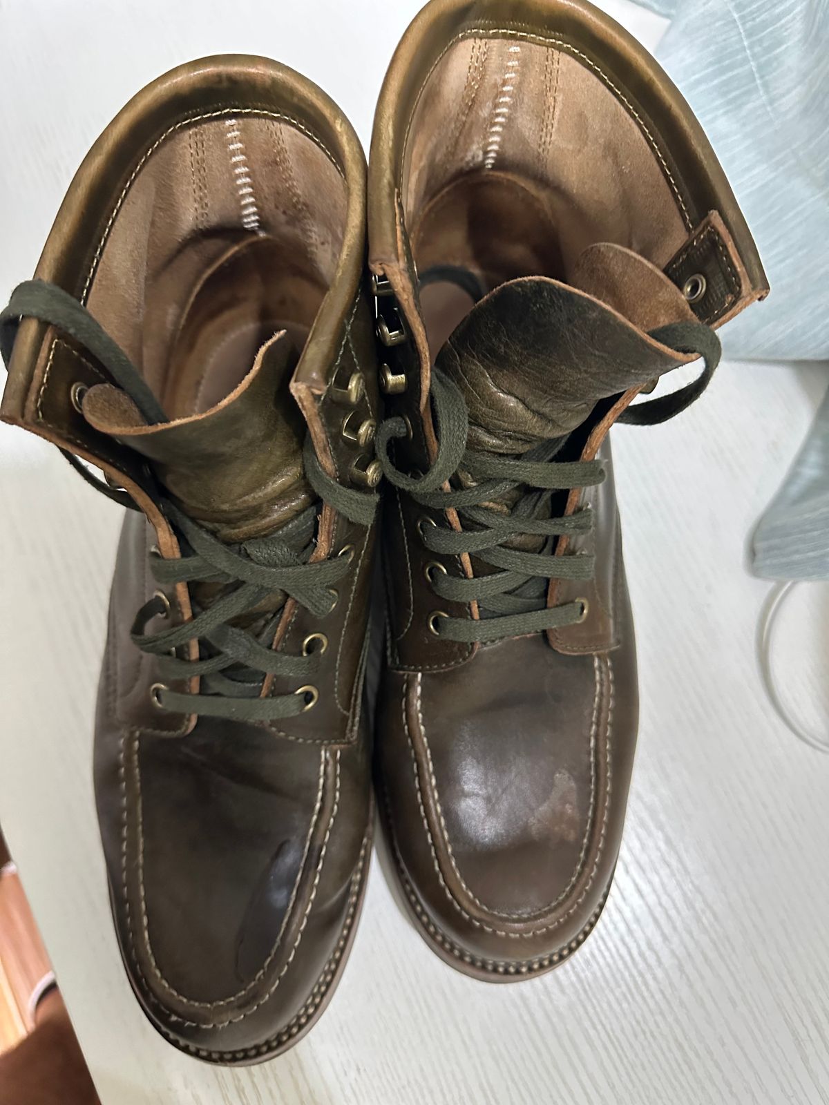 Photo by johnlovesboots on December 4, 2023 of the Flame Panda Moc Toe in Shinki Olive Oiled Horsebutt.