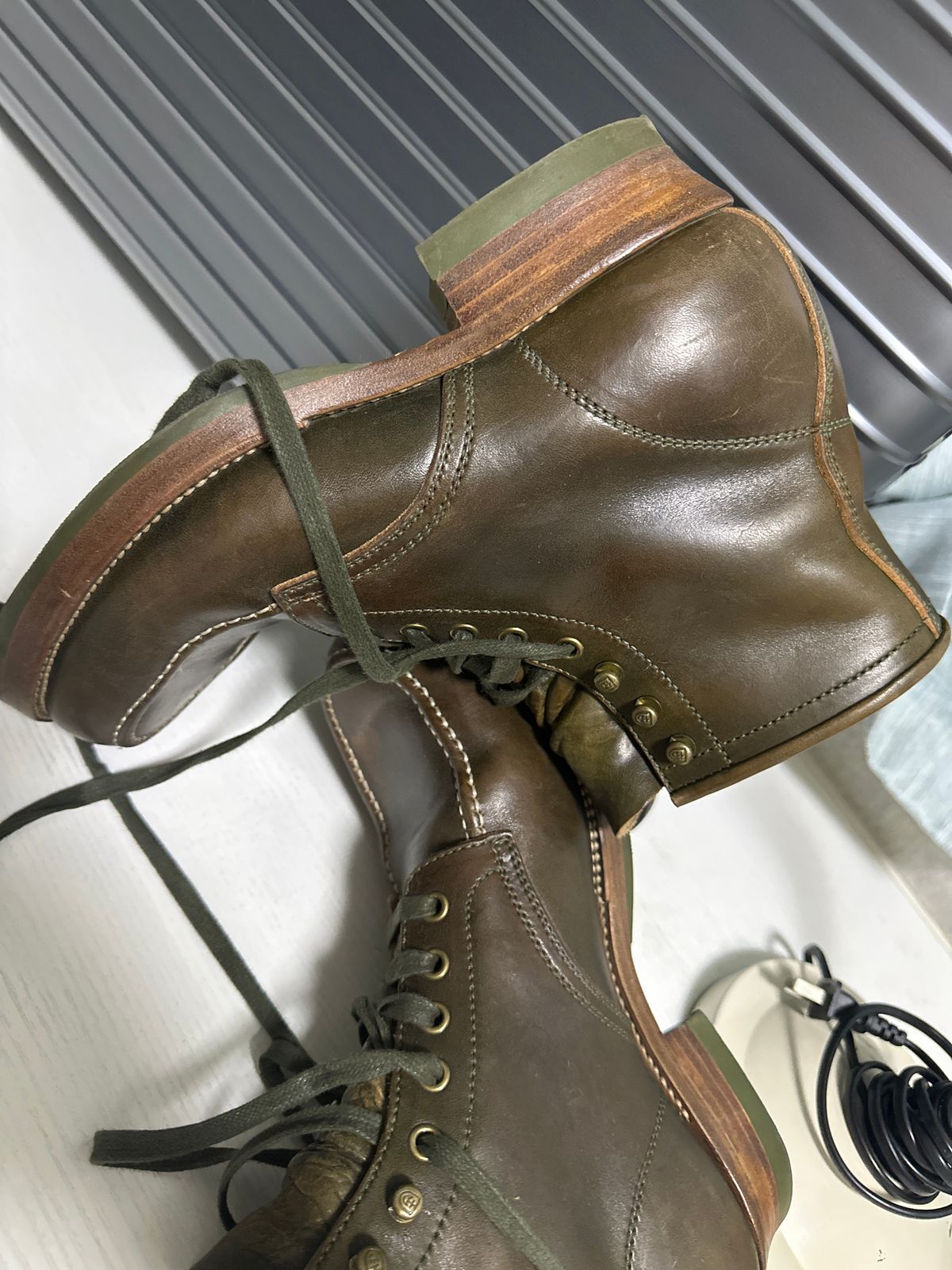 Photo by johnlovesboots on December 12, 2023 of the Flame Panda Moc Toe in Shinki Olive Oiled Horsebutt.