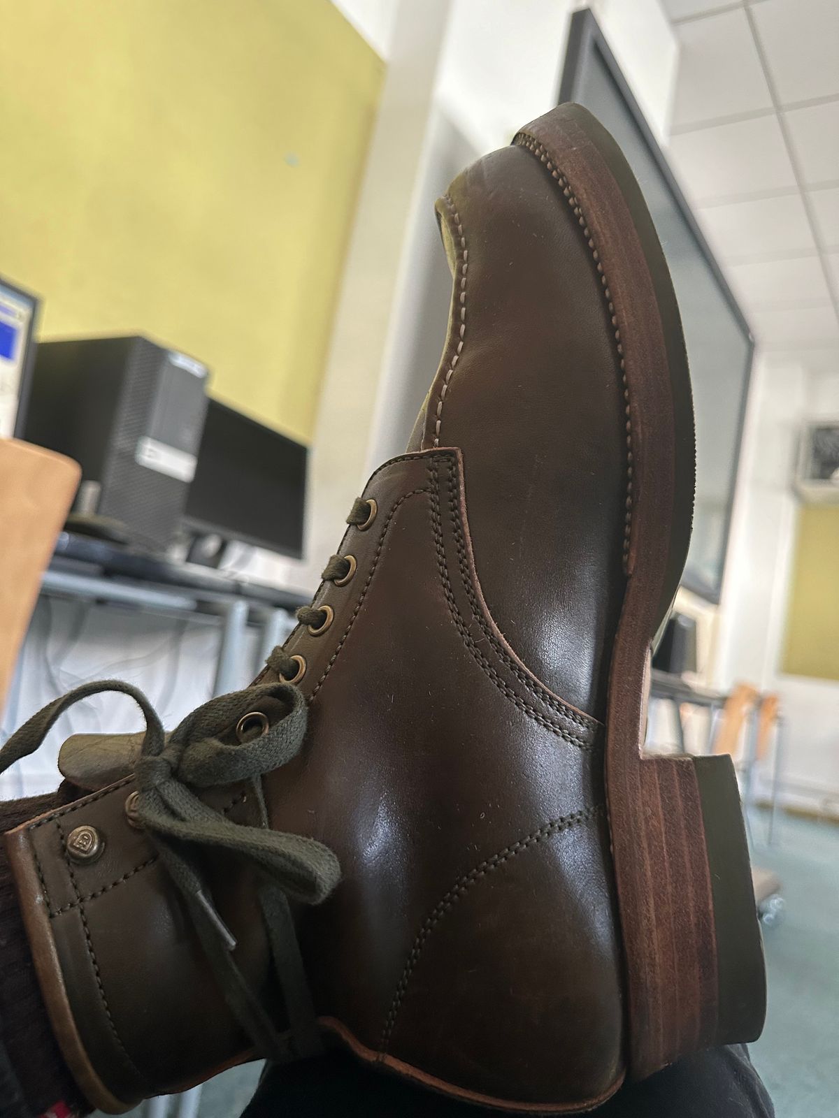 Photo by johnlovesboots on December 20, 2023 of the Flame Panda Moc Toe in Shinki Olive Oiled Horsebutt.
