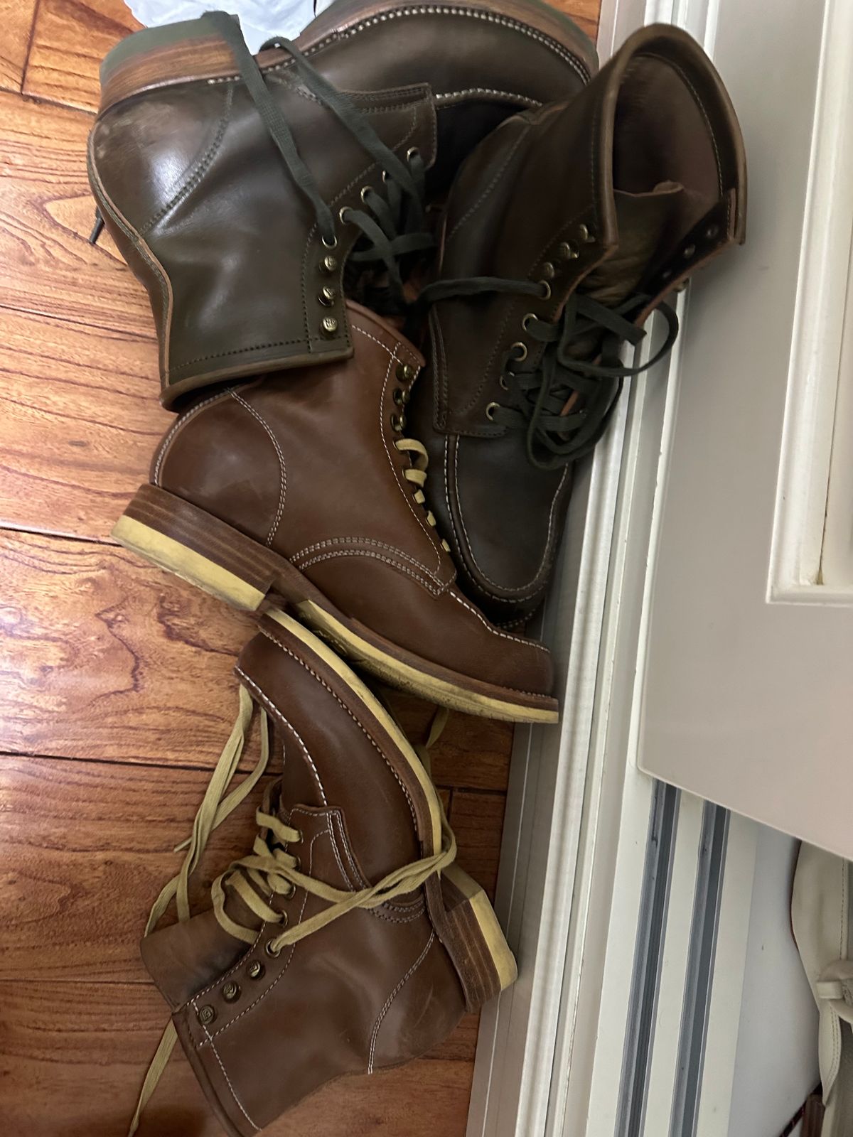 Photo by johnlovesboots on December 23, 2023 of the Flame Panda Moc Toe in Shinki Olive Oiled Horsebutt.