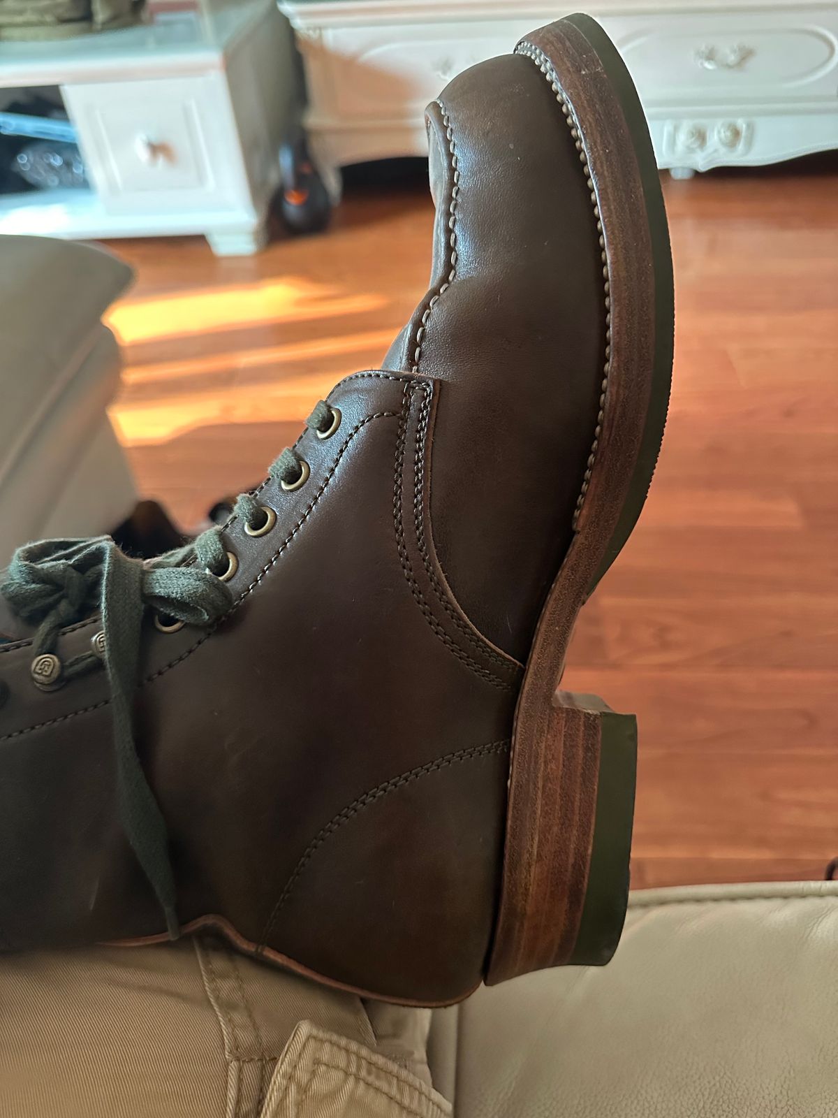 Photo by johnlovesboots on December 29, 2023 of the Flame Panda Moc Toe in Shinki Olive Oiled Horsebutt.