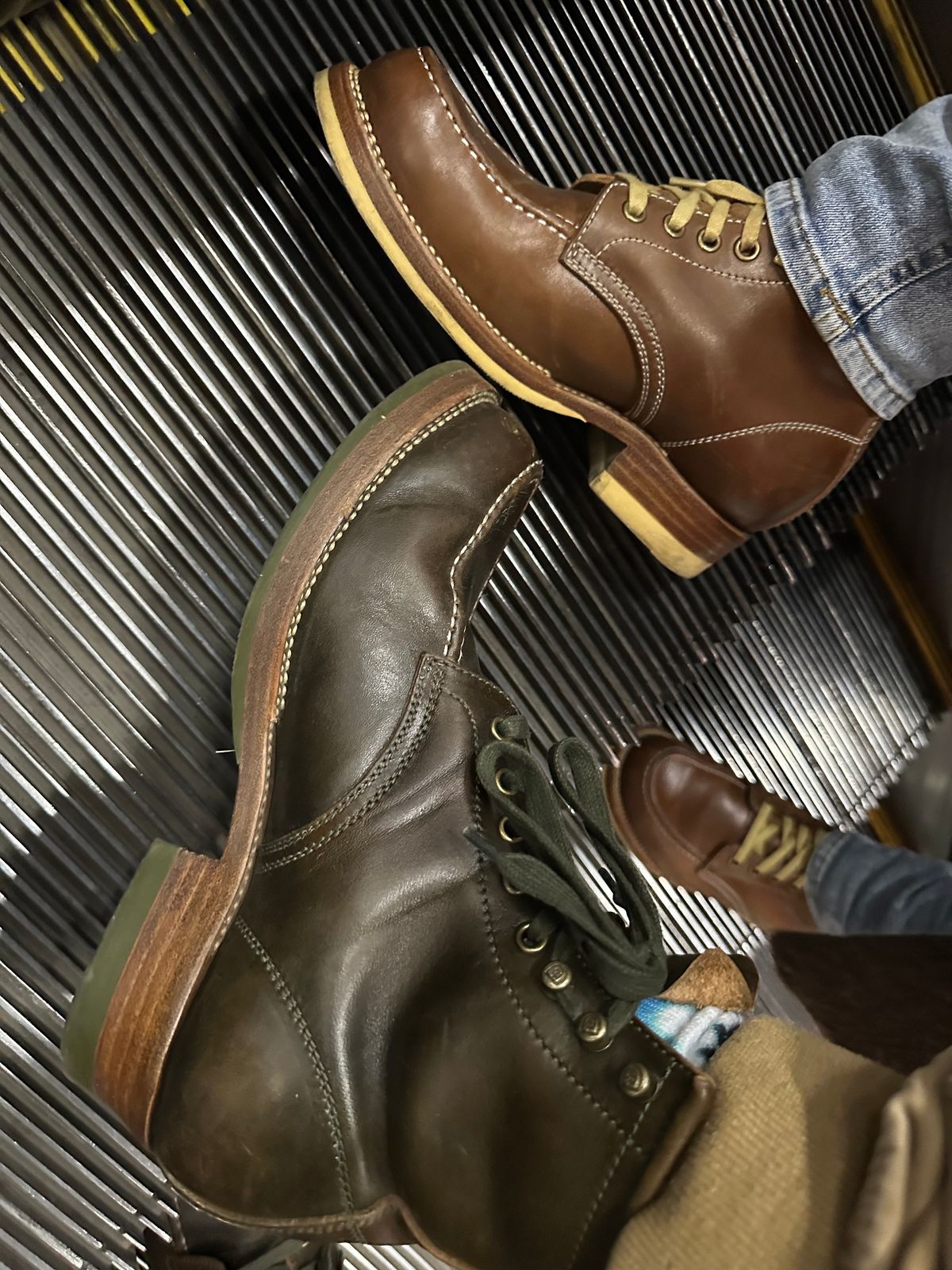 Photo by johnlovesboots on December 30, 2023 of the Flame Panda Moc Toe in Shinki Olive Oiled Horsebutt.