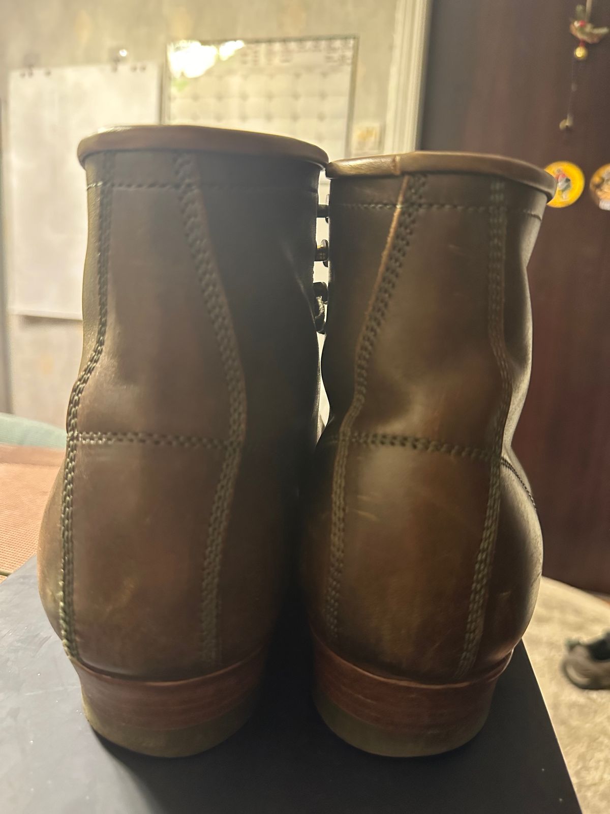 Photo by johnlovesboots on January 1, 2024 of the Flame Panda Moc Toe in Shinki Olive Oiled Horsebutt.