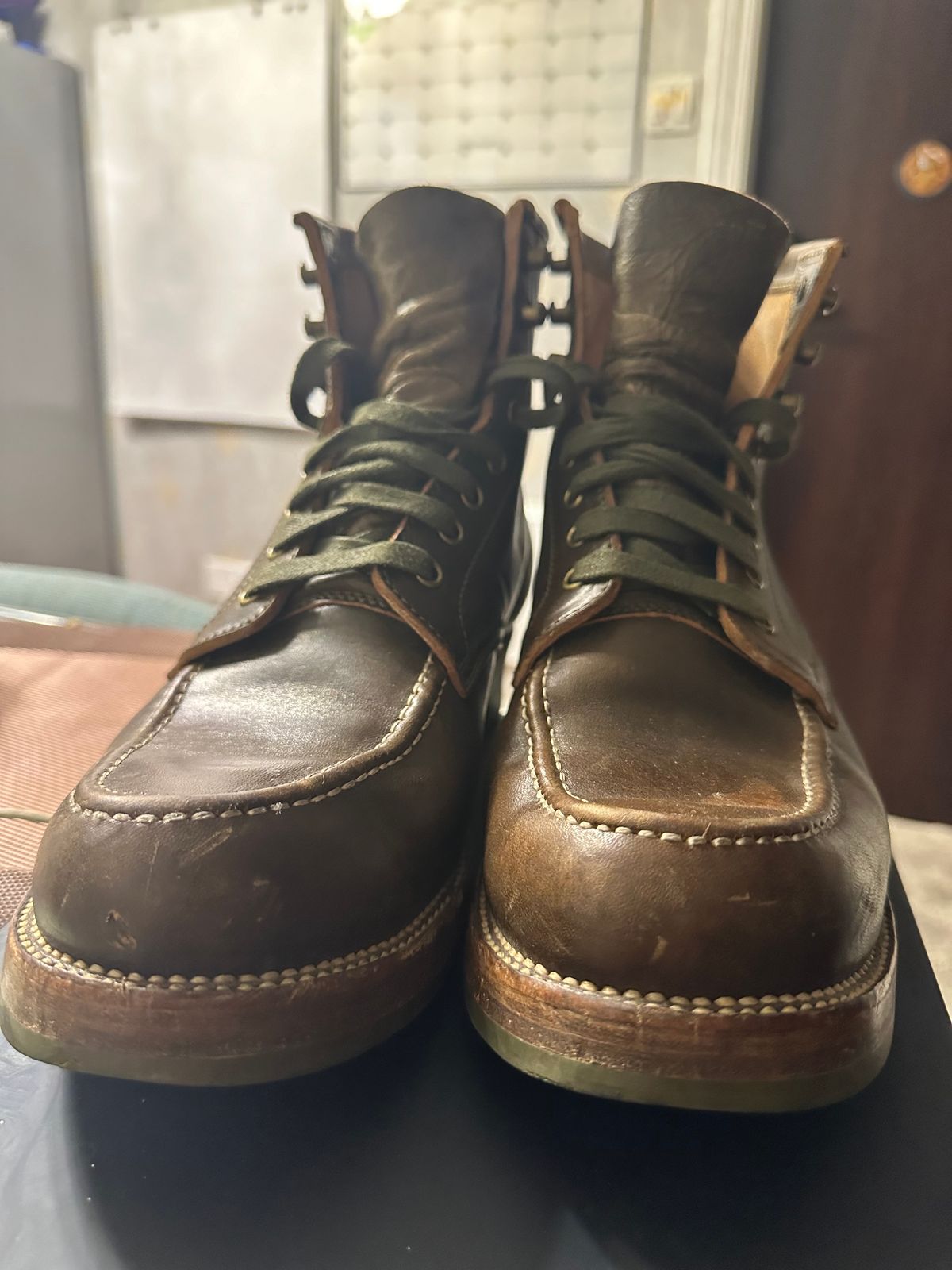 Photo by johnlovesboots on January 1, 2024 of the Flame Panda Moc Toe in Shinki Olive Oiled Horsebutt.