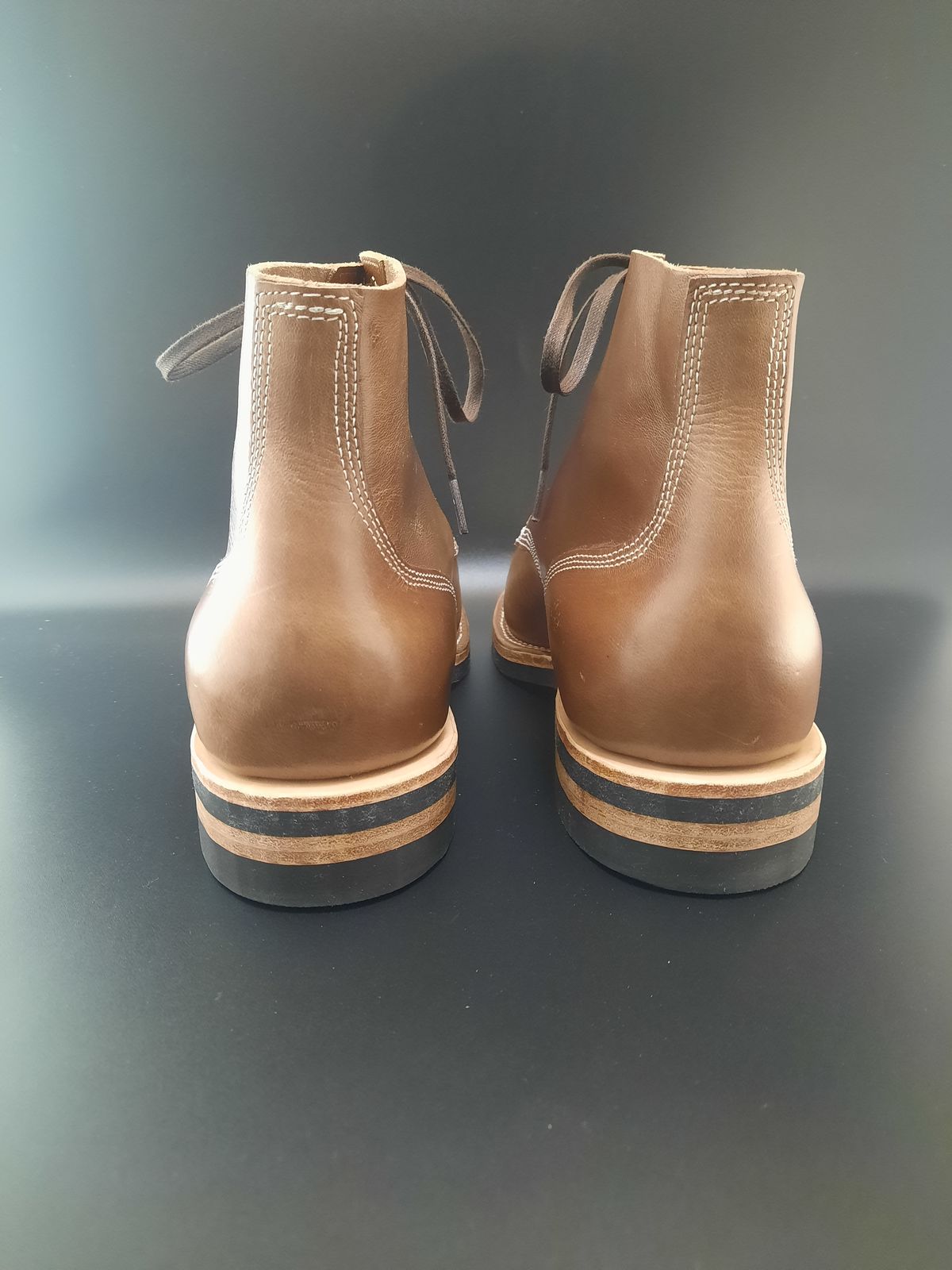 Photo by NewRiverBoot on October 1, 2022 of the New River Boot Z43 Boondocker in Horween Natural Chromexcel Strips.