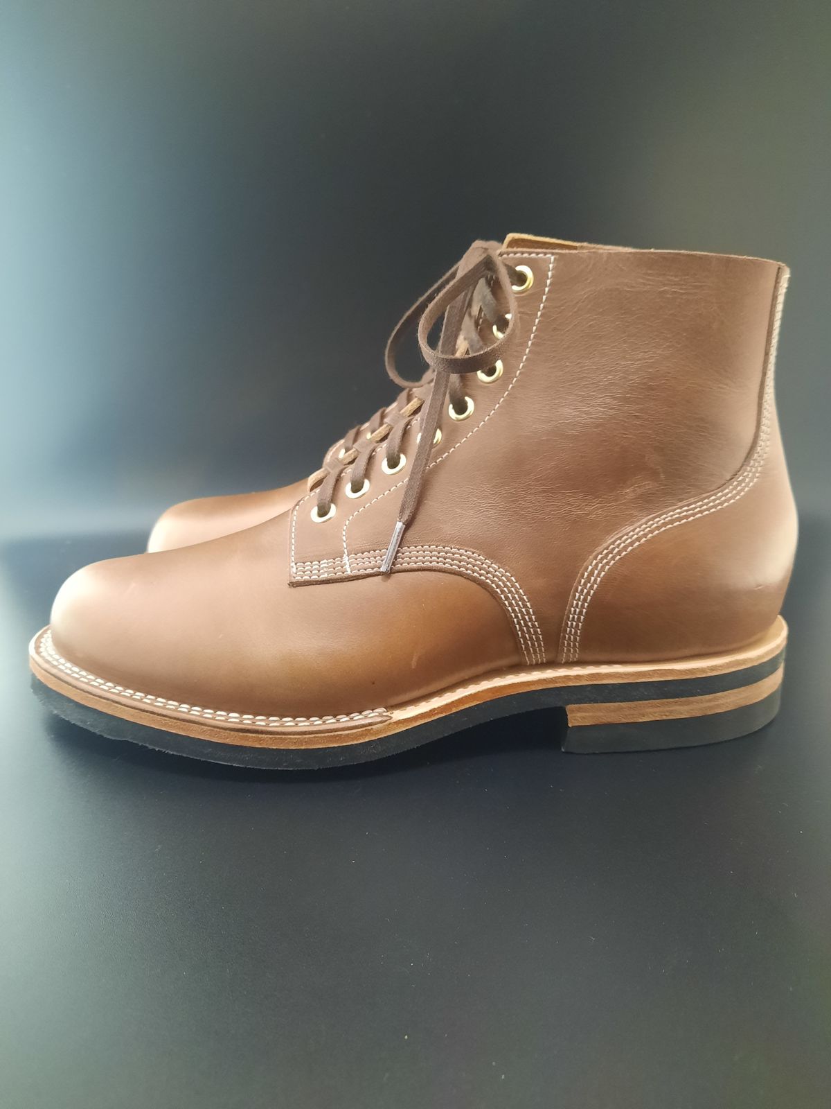 Photo by NewRiverBoot on October 1, 2022 of the New River Boot Z43 Boondocker in Horween Natural Chromexcel Strips.