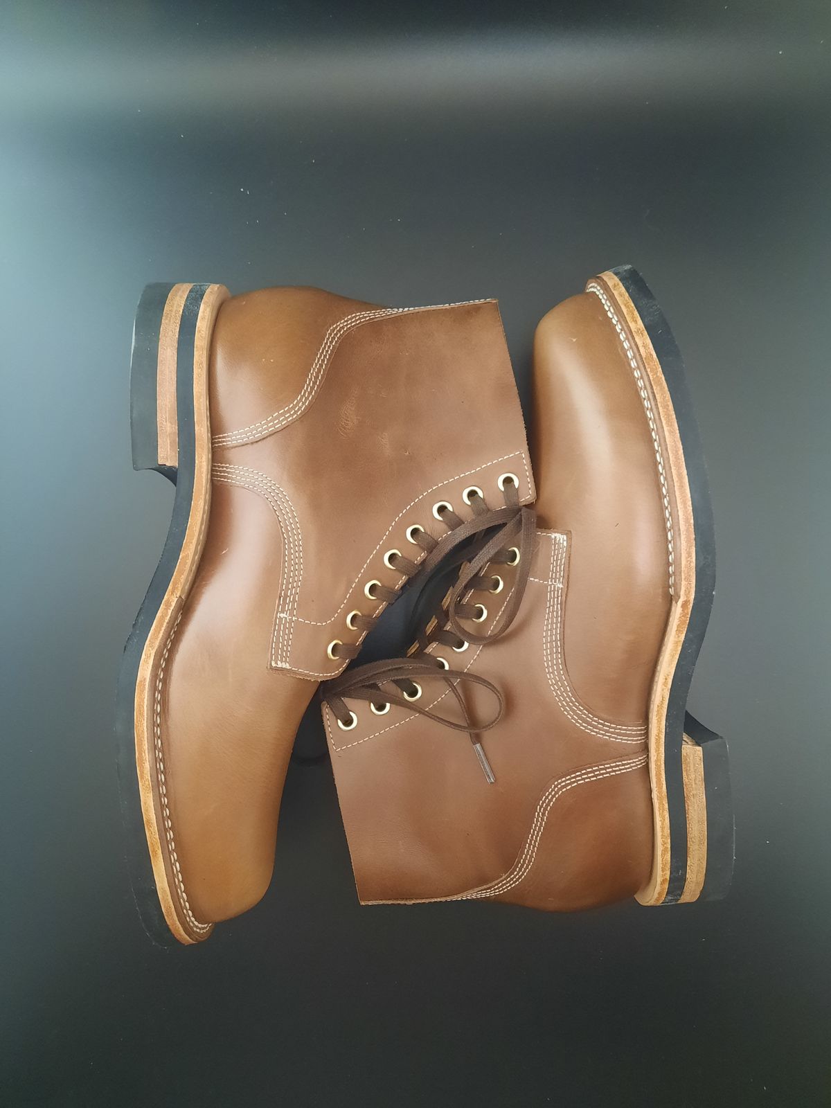 Photo by NewRiverBoot on October 1, 2022 of the New River Boot Z43 Boondocker in Horween Natural Chromexcel Strips.