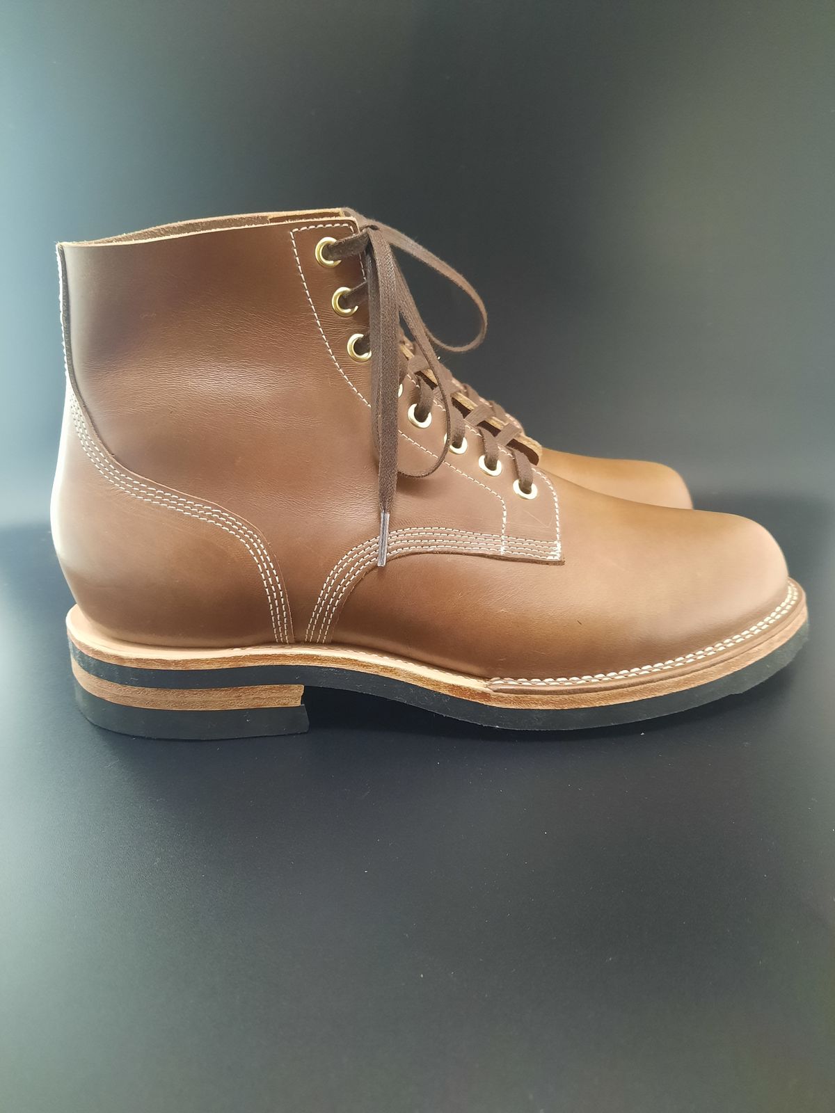 Photo by NewRiverBoot on October 1, 2022 of the New River Boot Z43 Boondocker in Horween Natural Chromexcel Strips.