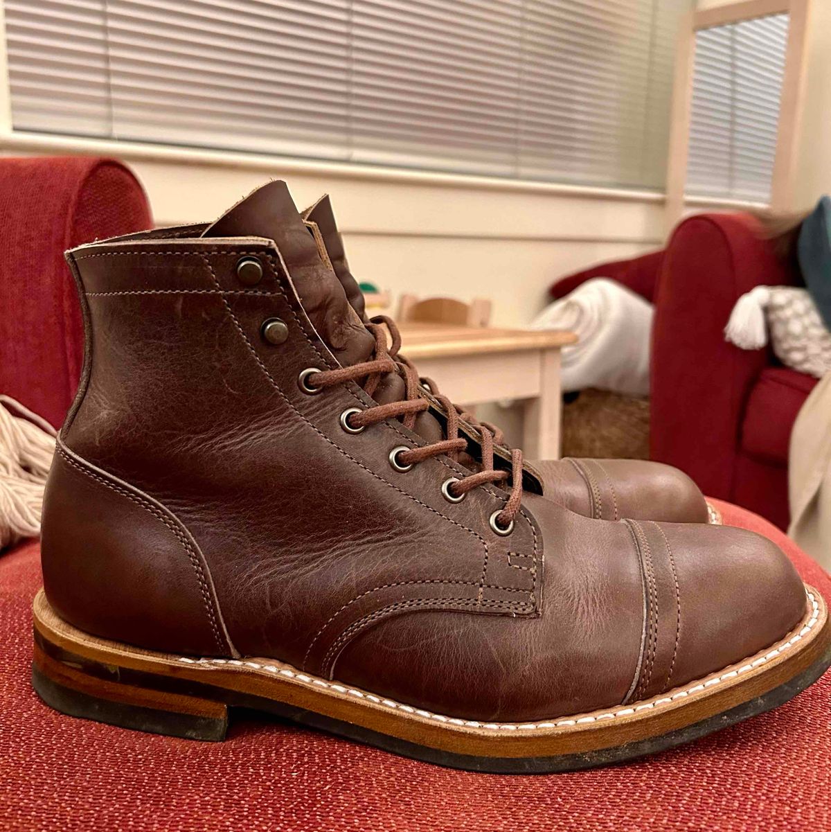 Photo by fatiswhatmakeslifeworthliving on March 13, 2023 of the Truman Service Boot in Horween Walnut Cypress.