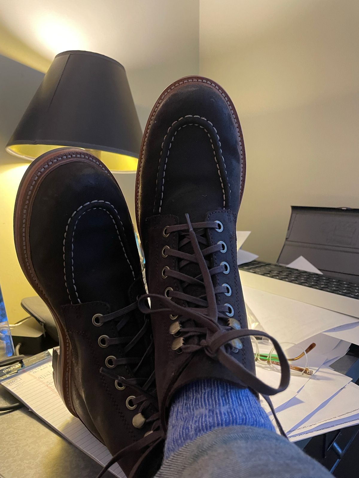 Photo by jimmyhundred on October 3, 2022 of the Grant Stone Brass Boot in C.F. Stead Earth Waxy Commander Suede.