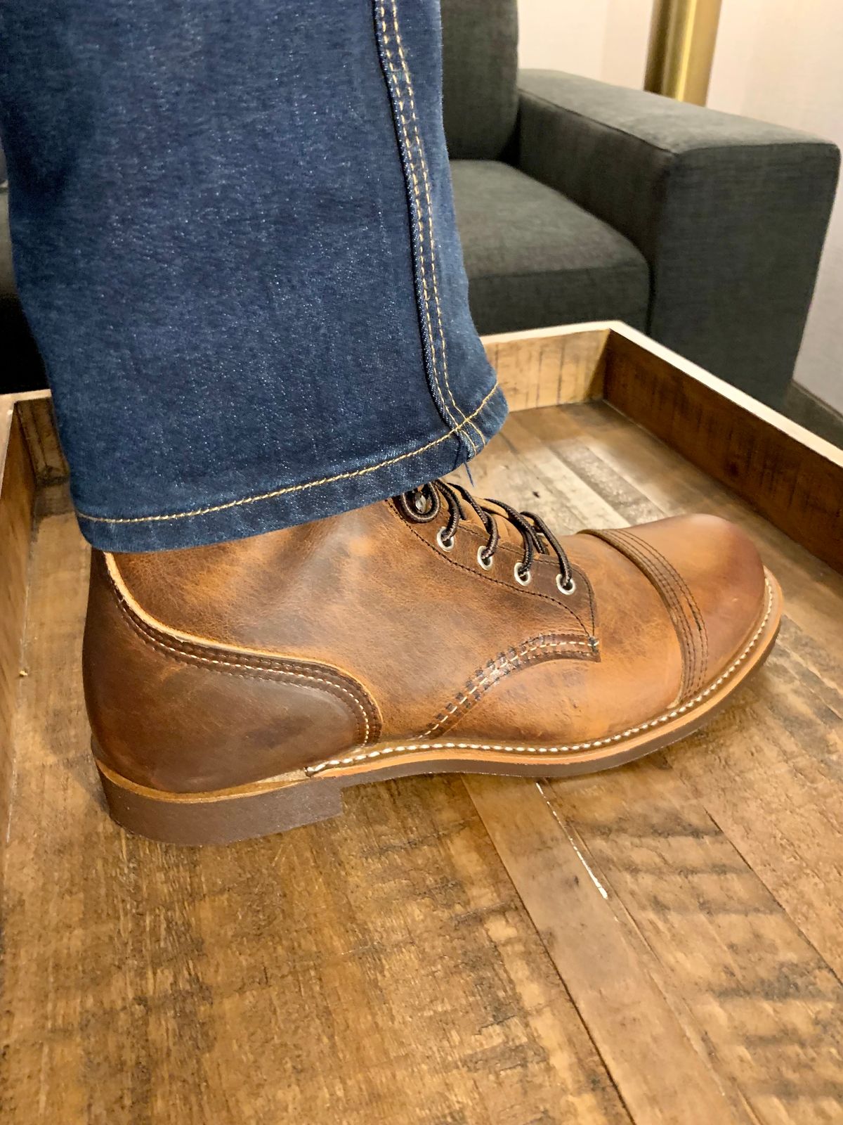 Photo by bootscootboogie on October 4, 2022 of the Red Wing Iron Ranger in S.B. Foot Copper Rough and Tough.